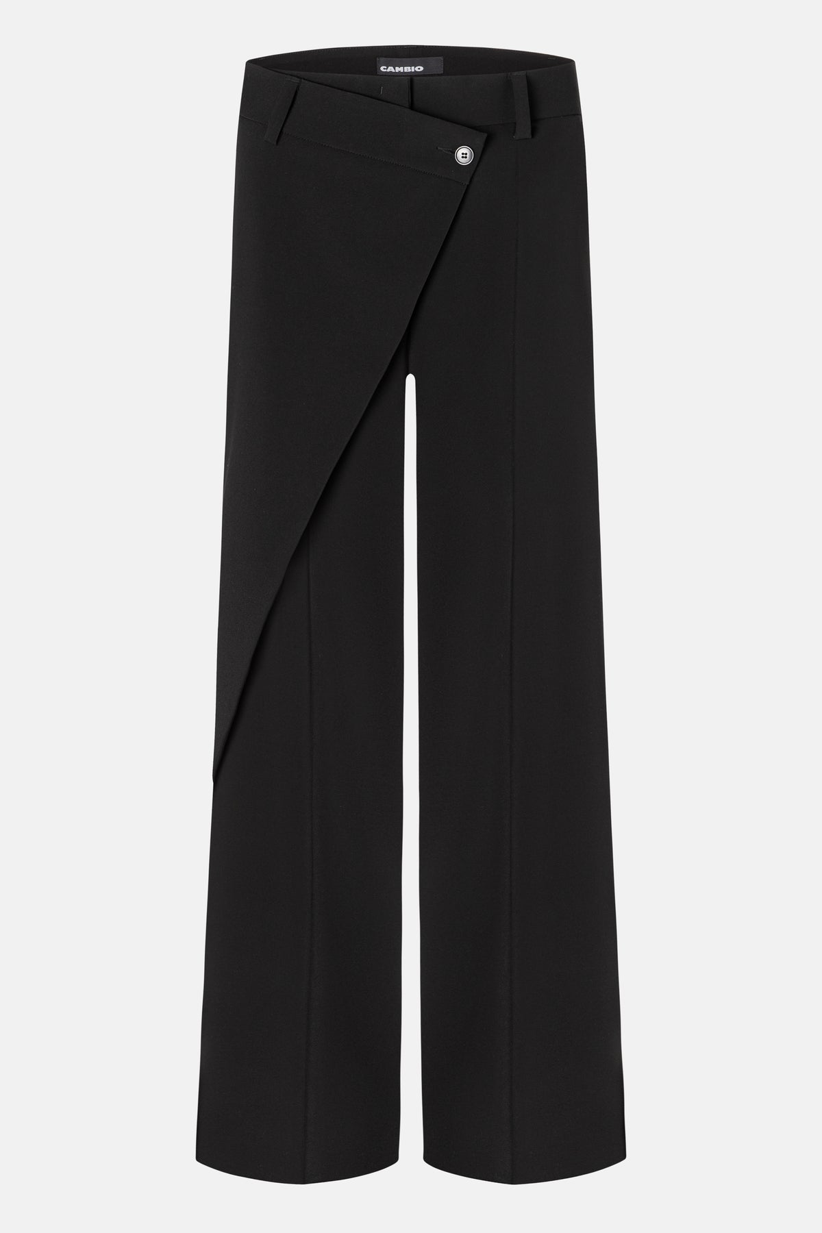 Schwarze Wide-Leg-Hose aus 90% Polyester und 10% Polyurethan mit asymmetrischem Wickel-Bund, elegantes Design.