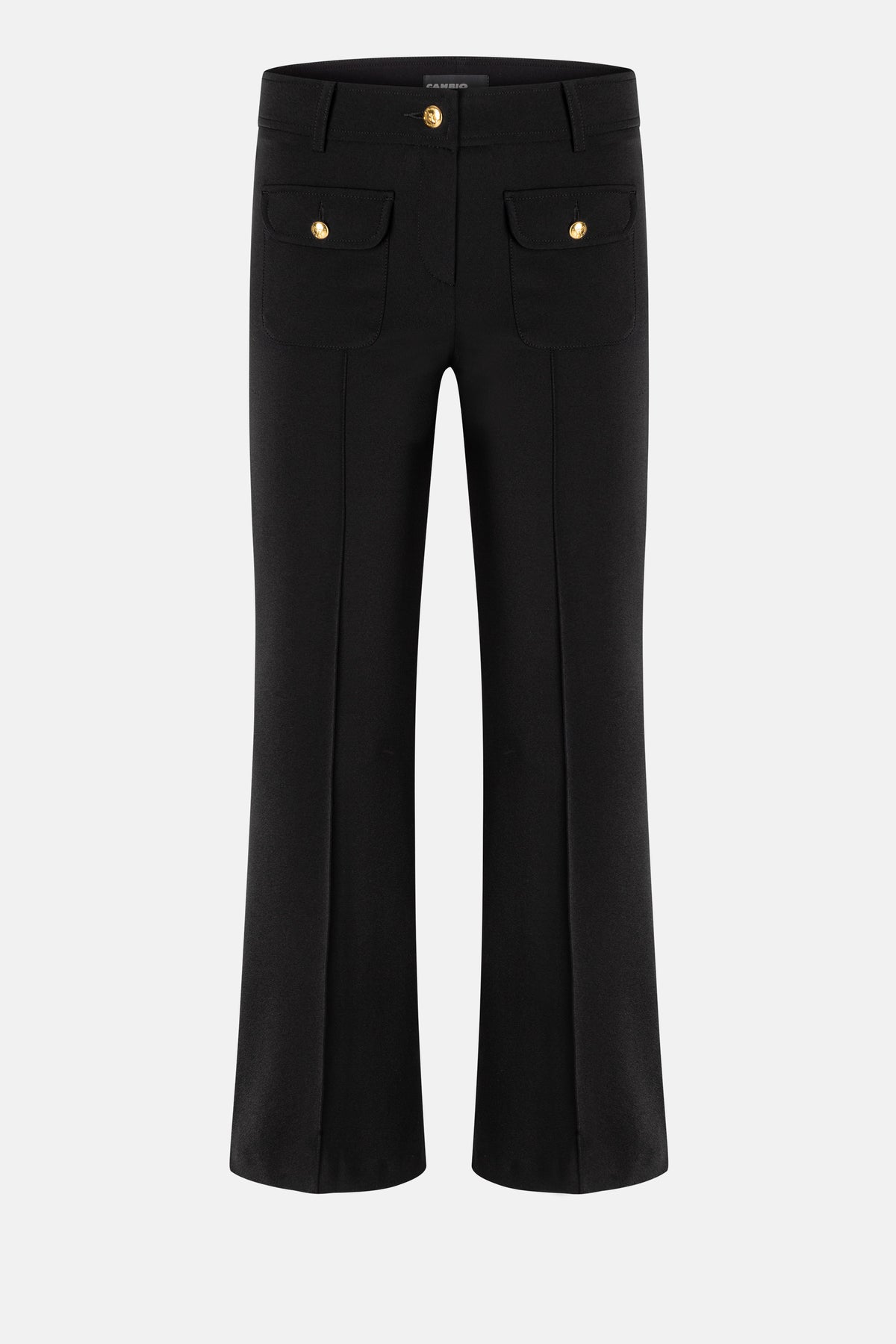 Schwarze Flared-Hose aus 88% Polyamid und 12% Elasthan mit aufgesetzten Fronttaschen und goldenen Knöpfen.