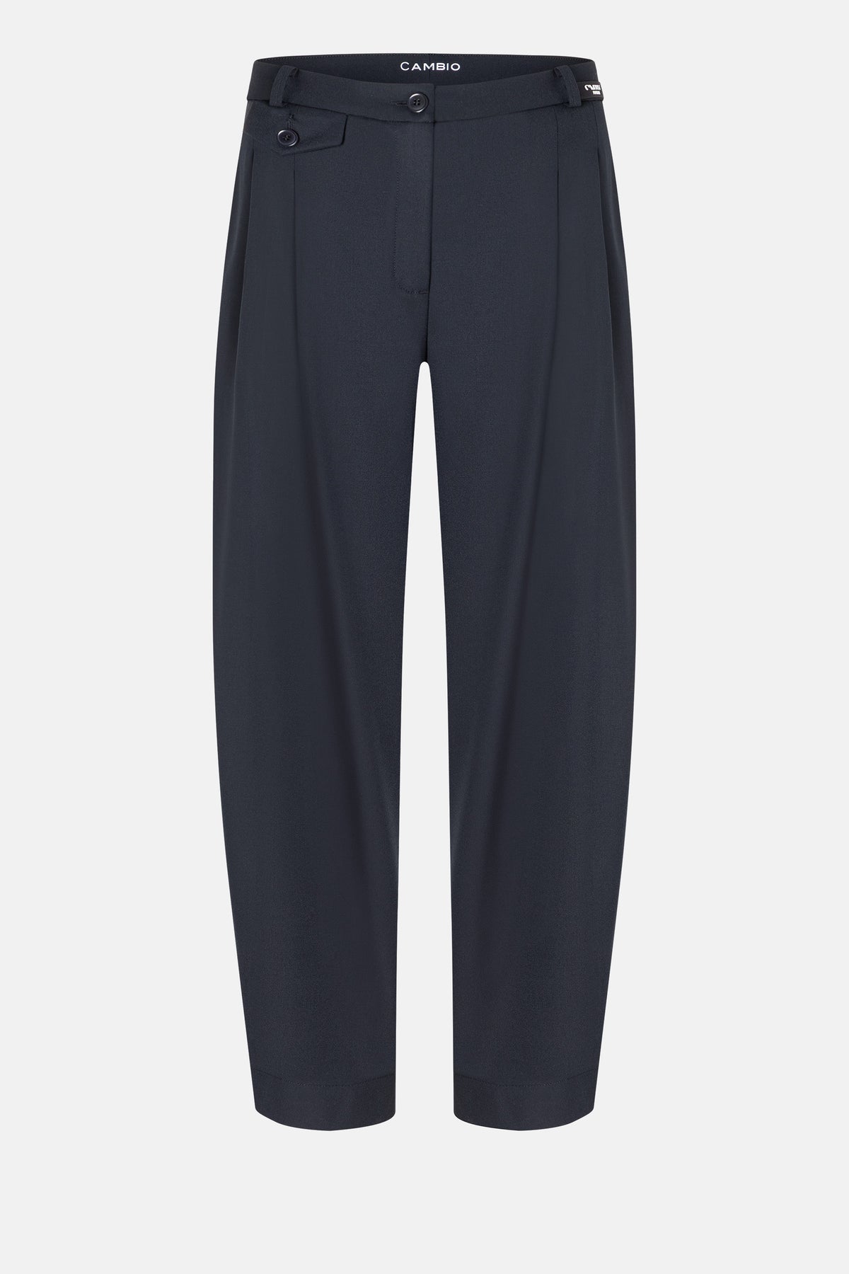 Navy gefärbte Hose im O-Shape-Stil, aus 67% Polyester, 4% Elasthan und 29% Viskose, mit doppelfaltigem Bund und Knopfdetail.