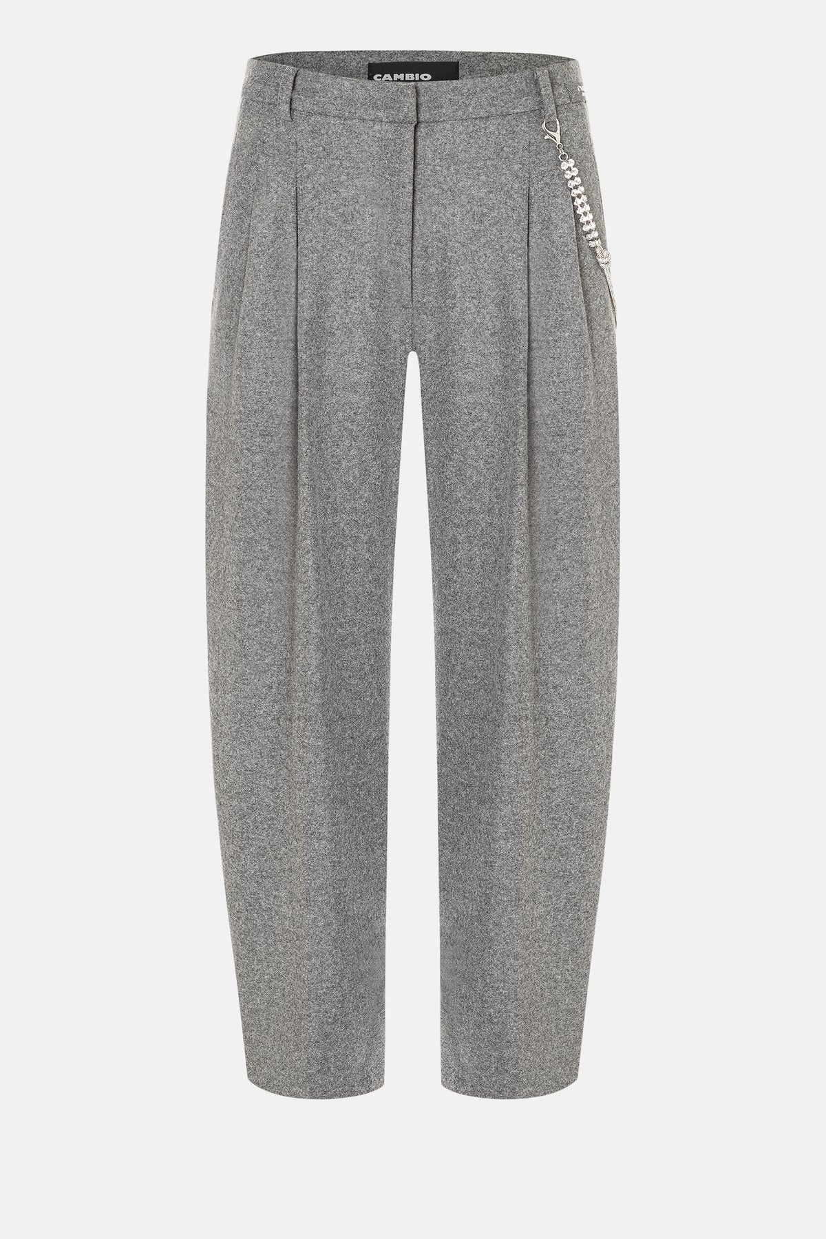 Graue O-Shape Hose aus Flanell-Jersey mit doppelter Bundfalte, seitlichen Eingrifftaschen und dekorativer Seitenkette.