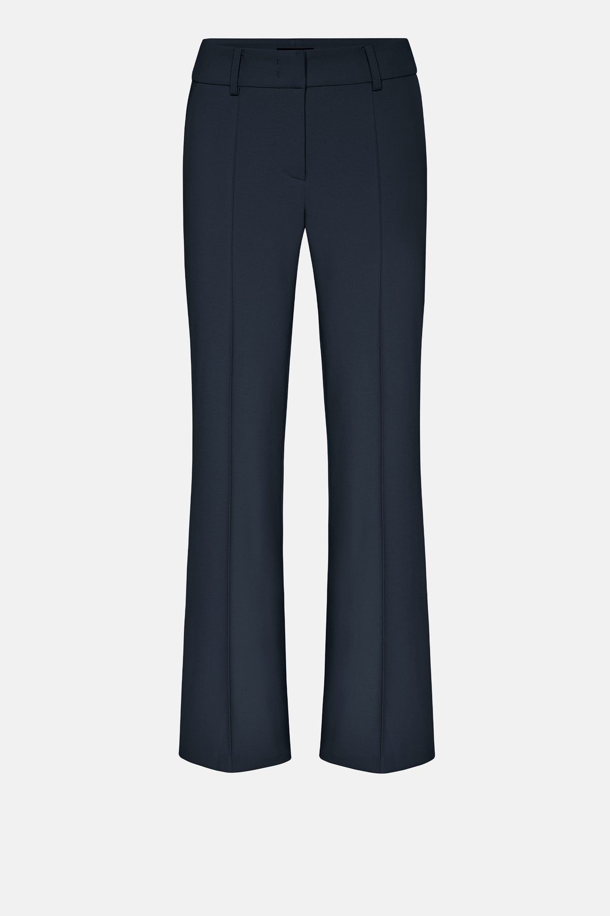 Dunkelblaue Flared-Hose aus 63% Polyester, 27% Viskose, 7% Baumwolle, 3% Elasthan. Flared-Fit und verkürzter Schnitt. Keine erkennbare Szenario-Beschreibung möglich, da Produkt alleine abgebildet ist.