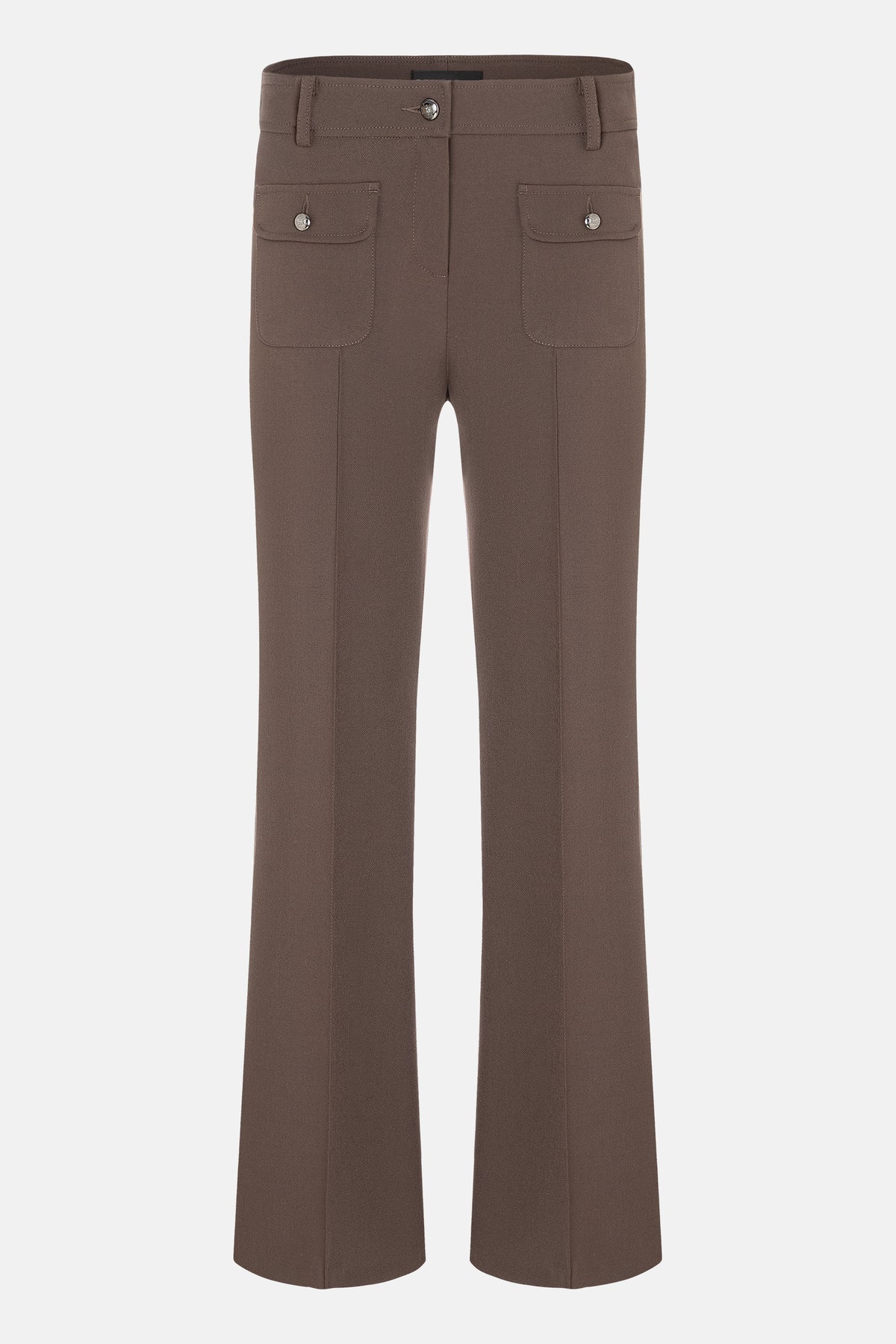 Braune Flared Hose aus Bi-Stretch-Gewebe mit silberfarbenen Knöpfen und aufgenähten Fronttaschen, Material: Polyester, Viskose, Baumwolle, Elasthan.