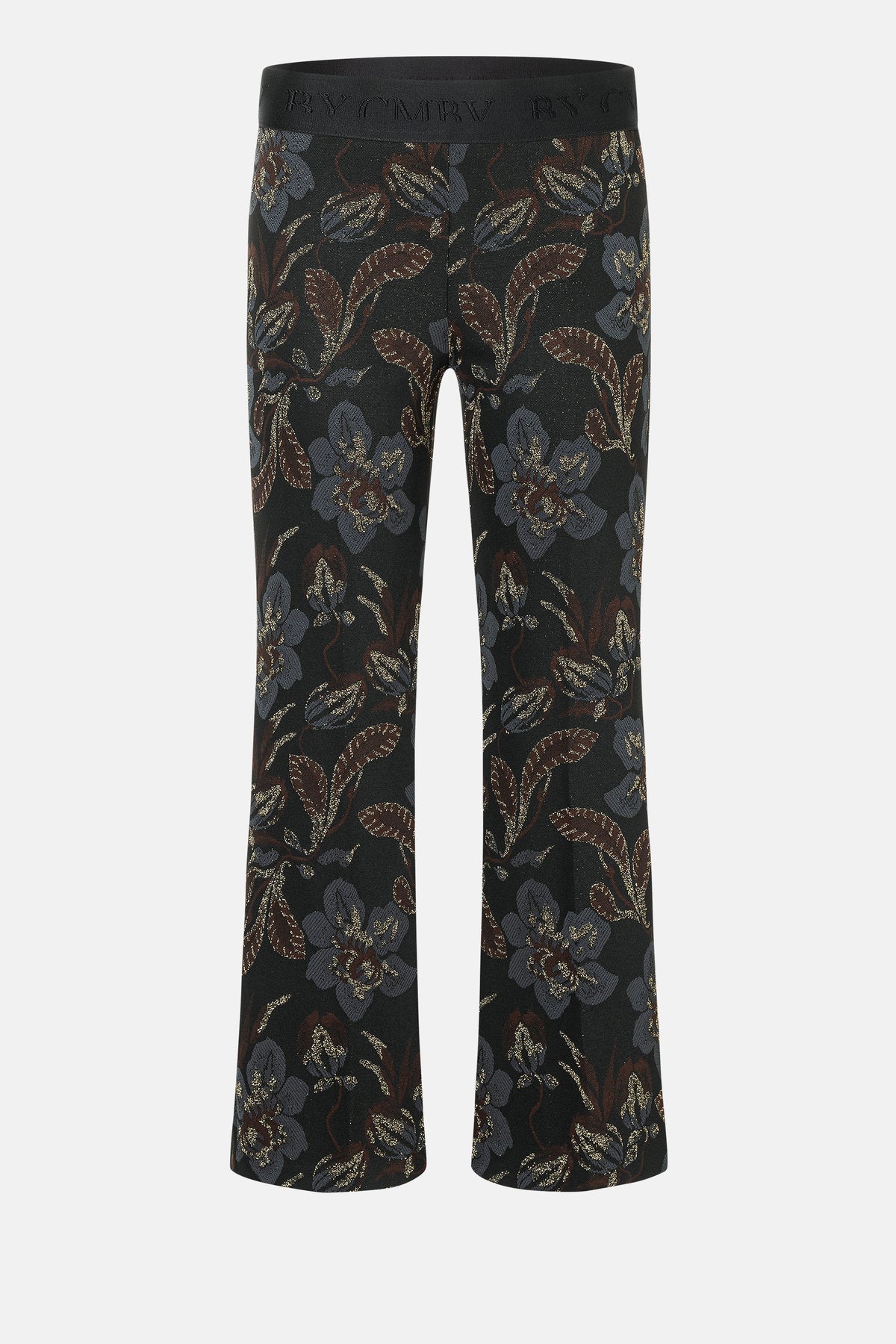 Schwarze Hose im Flared-Stil mit Blumenmuster in gedeckten Blau- und Brauntönen, aus 41 % Viskose, 37 % Polyamid, 19 % Polyester, 3 % Elasthan.