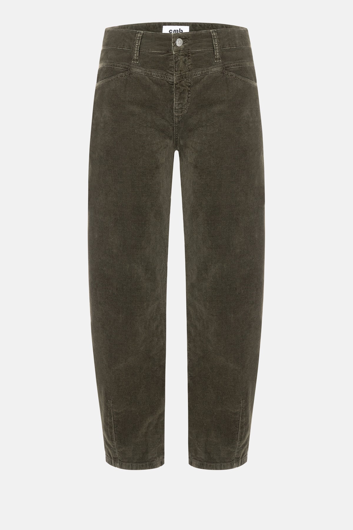 Grüne O-Shape Feincordhose aus 97% Baumwolle und 3% Elasthan, verkürzte Länge und diagonale Eingrifftaschen.