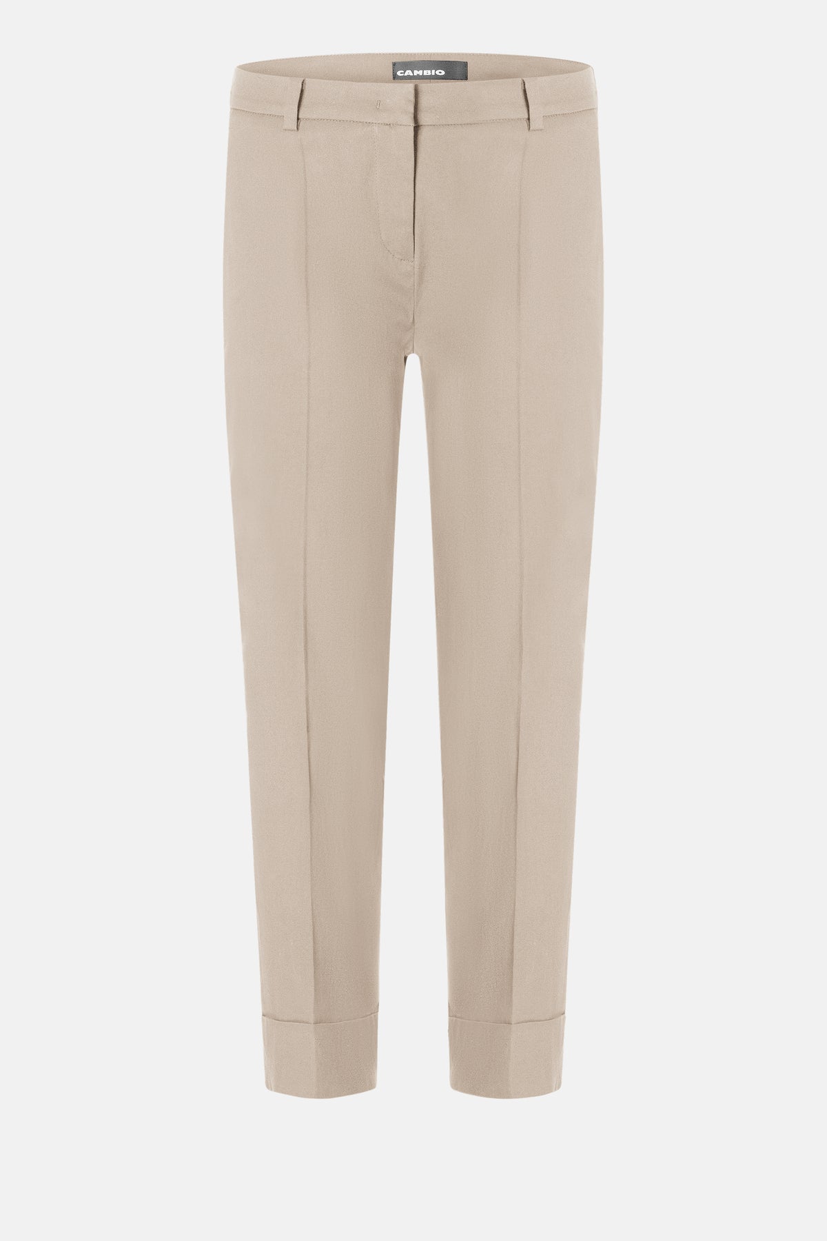 Sandfarbene Karottenhose aus einem Baumwollmix, bestehend aus 76% Baumwolle, 21% Polyamid und 3% Elasthan.