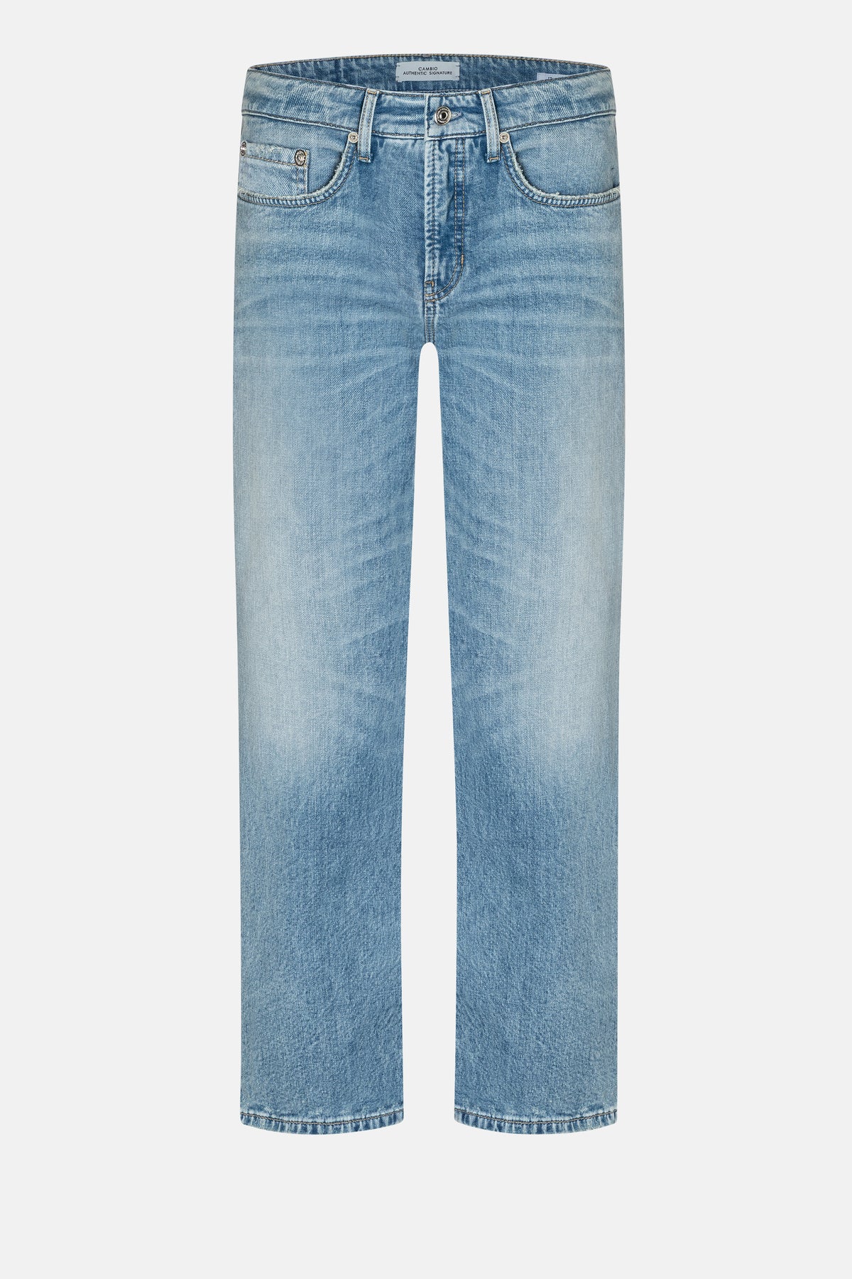 Hellblaue Straight-Fit Jeans aus 98% Baumwolle und 2% Elasthan, mit fünf Taschen und dezenten Destroy-Effekten.