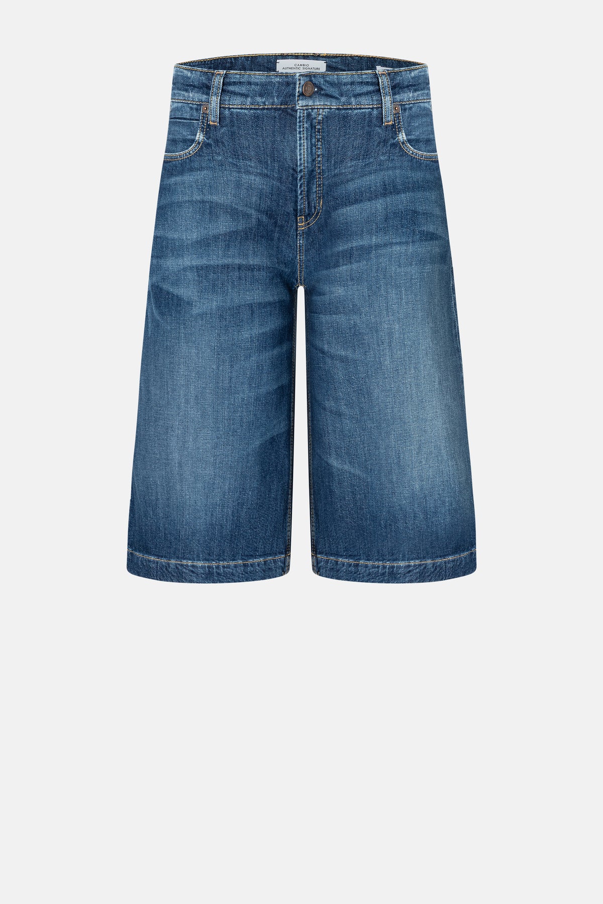 Blaue Palazzo Bermuda-Jeansshorts aus 98% Baumwolle und 2% Elasthan, in lässiger Bermuda-Länge mit 5-Pocket-Design.