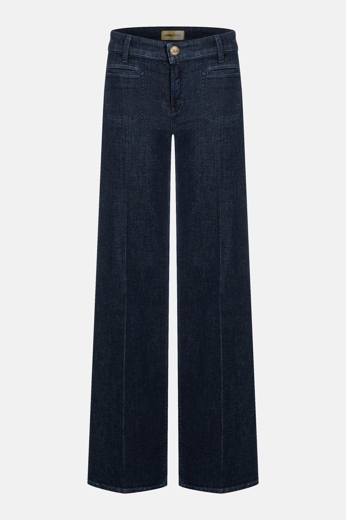 Dunkelblaue Wide-Leg-Jeans aus 93% Baumwolle, 5% Polyester und 2% Elasthan, mit markanten Fronttaschen.
