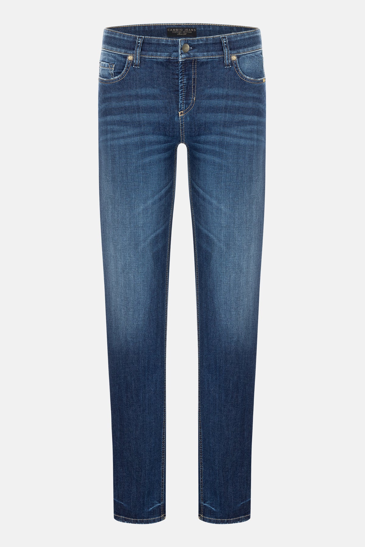 Blaue Slim-Fit-Jeans aus Denim mit moderner, schmaler Silhouette, 5-Pocket-Design und dezenten Destroy-Effekten.