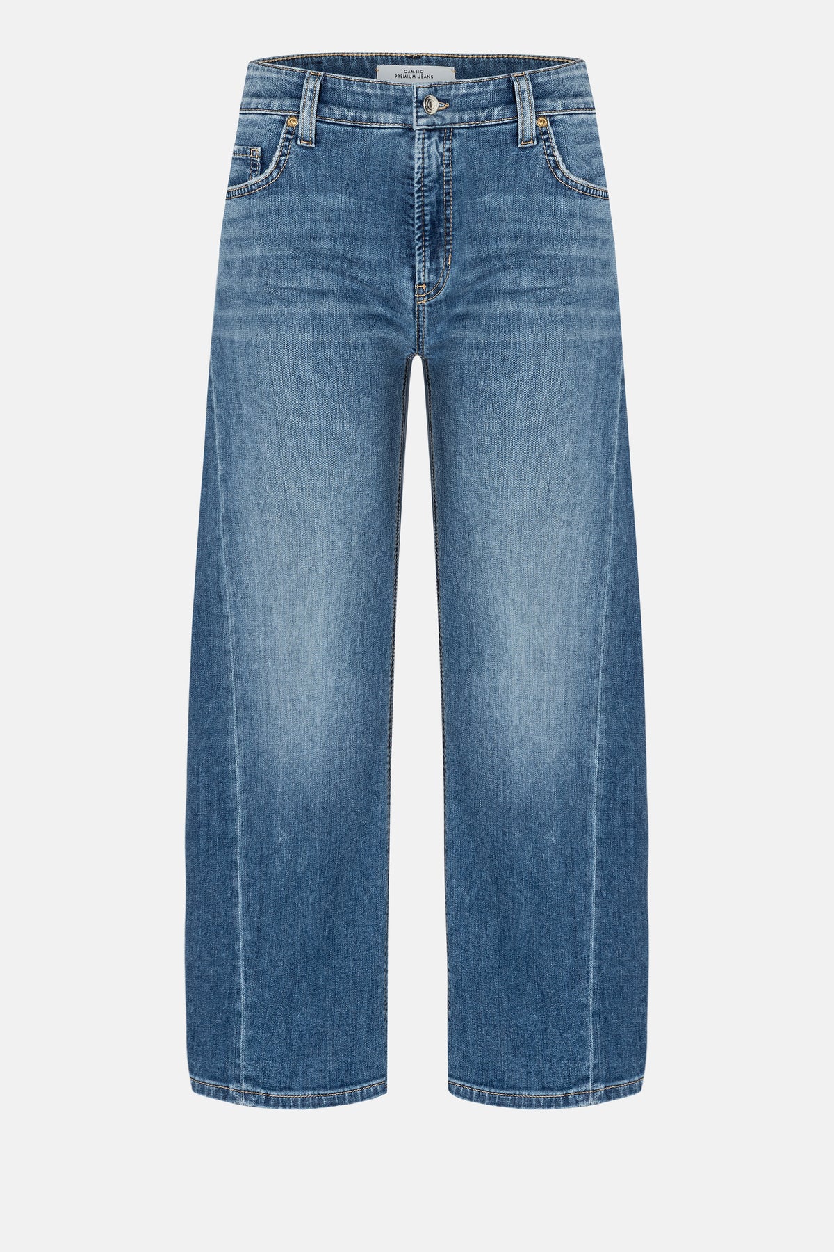 Blaue Jeans mit O-Shape und verkürzter Länge, 5-Pocket-Design, Material aus 92% Baumwolle, 6% Elastomultiester T400, 2% Elasthan.