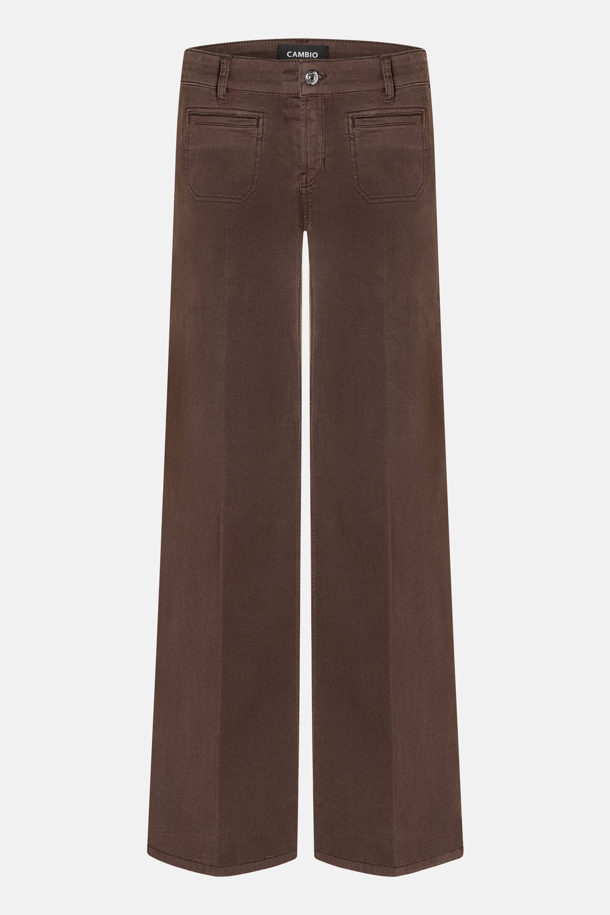 Weite, lange Jeans in Dunkelbraun mit aufgesetzten Fronttaschen. Material: 94% Baumwolle, 4% Polyester, 2% Elasthan.