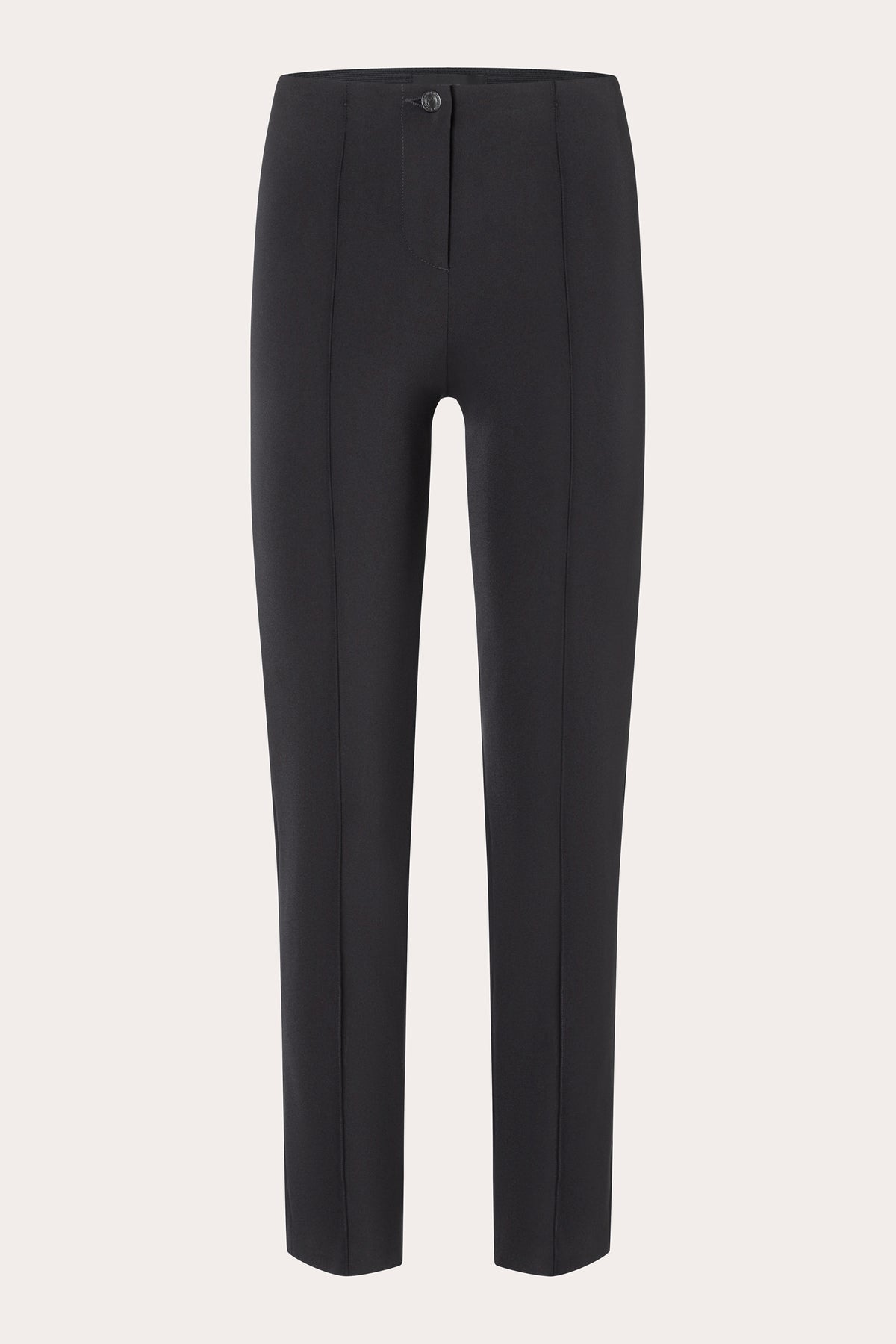 Schwarze Slim-Fit Hose aus 88% Polyamid und 12% Elasthan. Knopfverschluss, glatte Oberfläche, schmal geschnitten.