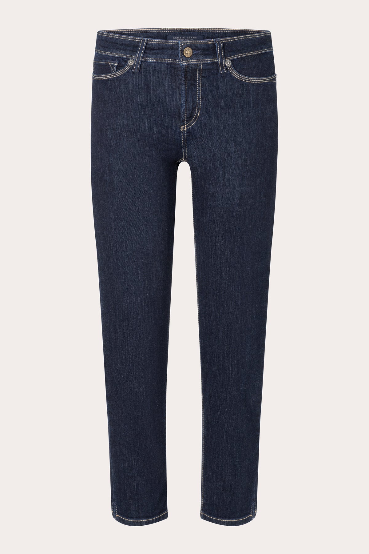 Dunkelblaue Slim-Fit-Jeans aus 93% Baumwolle, 5% Polyester und 2% Elasthan. Verkürzte Länge mit Kontrastnähten.
