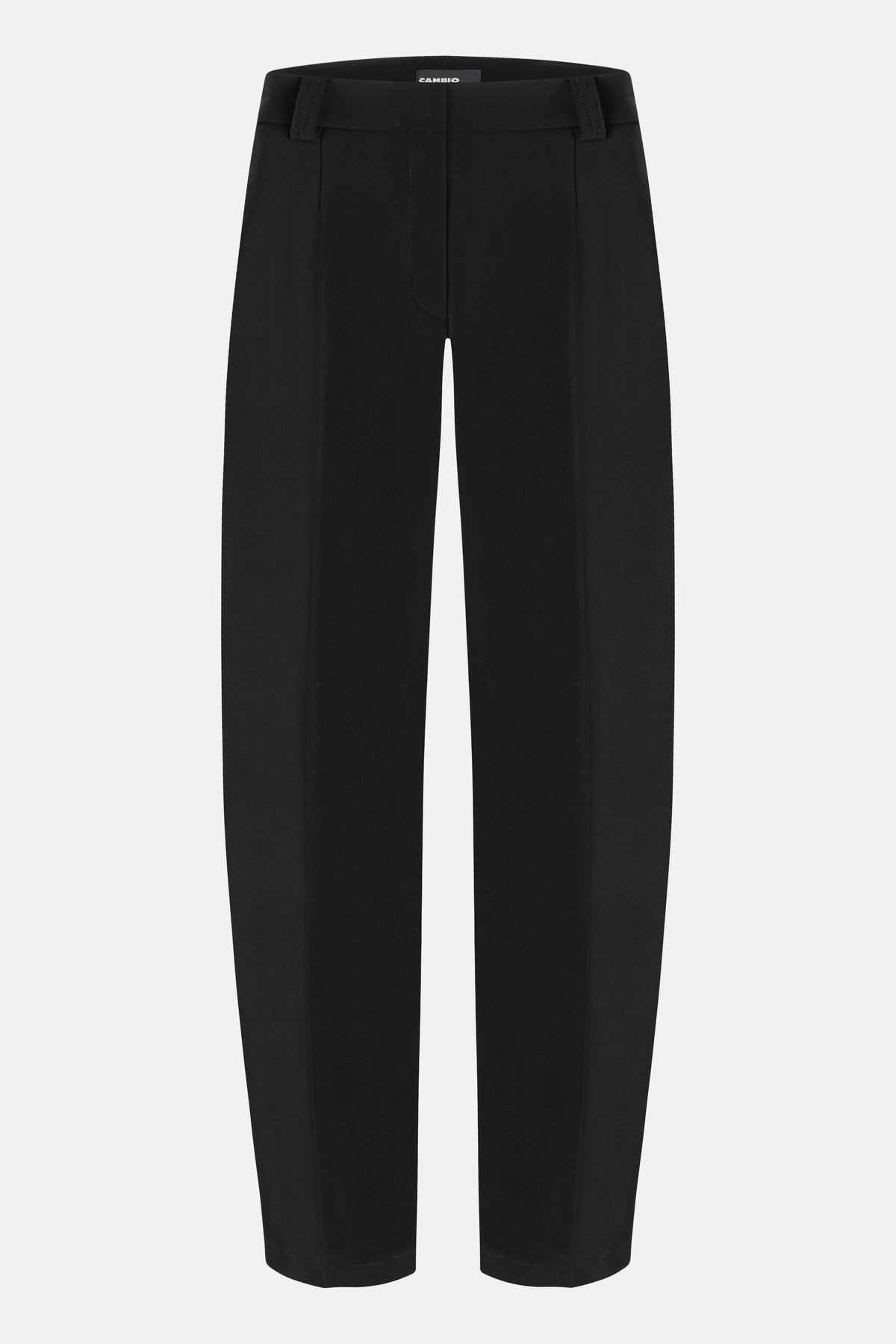 Schwarze O-Shape Hose aus 92% Polyester und 8% Polyurethan, mit dezenten Bundfalten und seitlichen Eingrifftaschen.