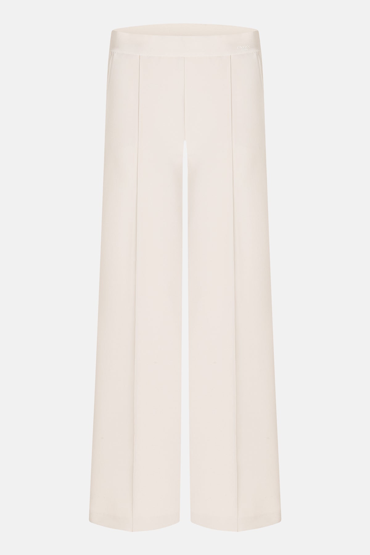 Weite Hose in Elfenbeinfarbe, Wide Leg Stil, aus 90% Polyester und 10% Polyurethan hergestellt.