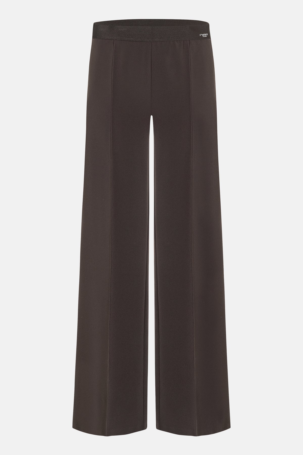 Dunkelbraune Wide Leg Hose aus Polyester-Bistretch, mit elastischem Bund und vorderer Naht, liegt fließend und weich.