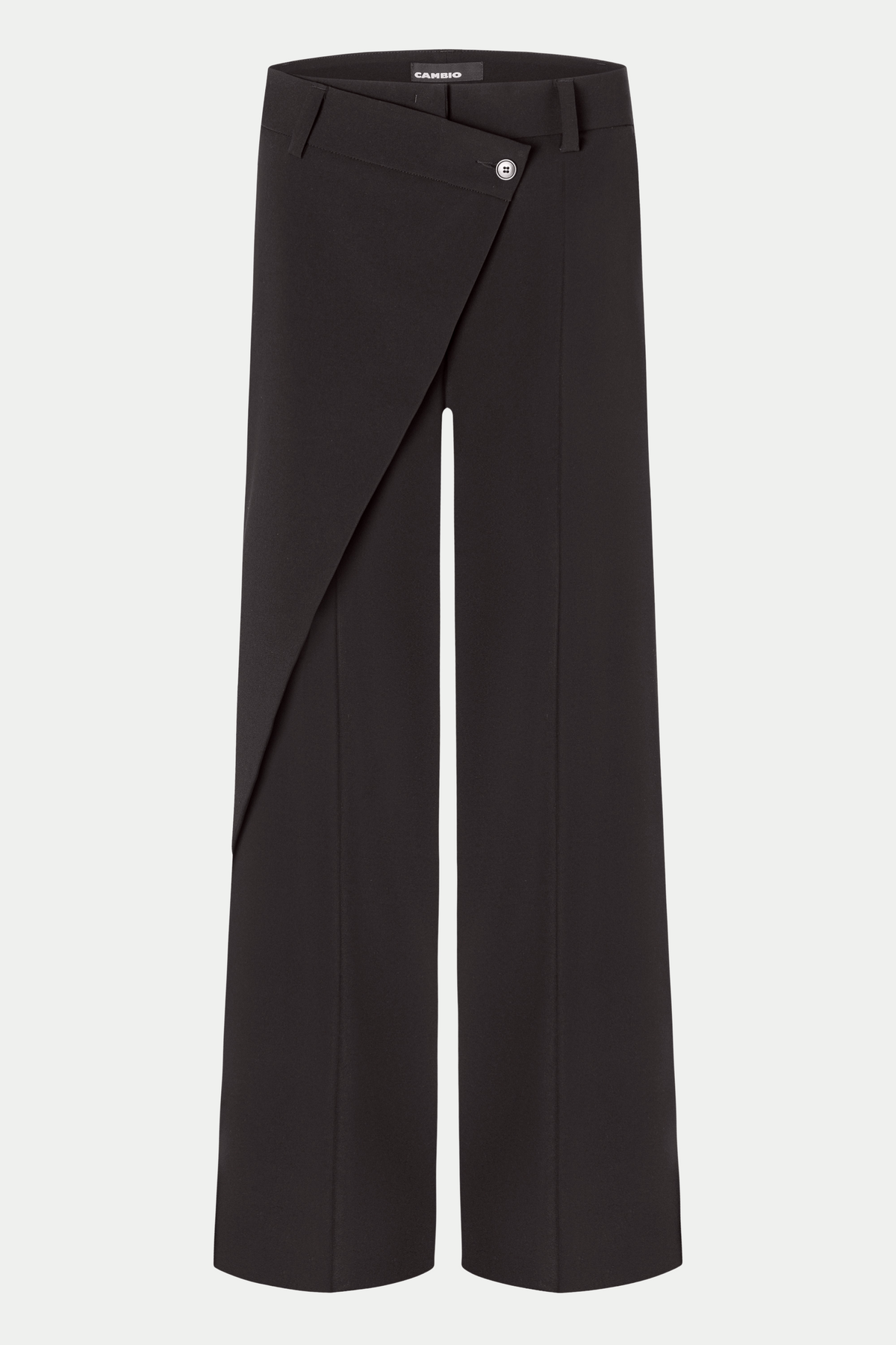 Braune Wide-Leg-Hose aus 90% Polyester und 10% Polyurethan mit asymmetrischem Bund und überlappendem Wrap-Detail.