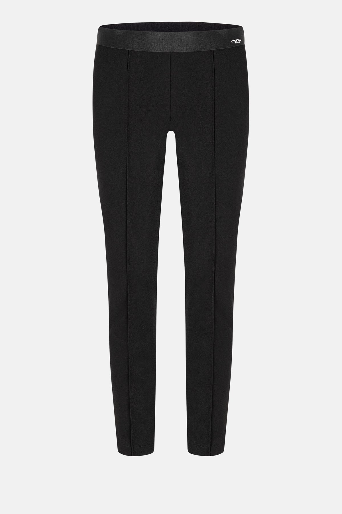 Schwarze Skinny-Fit Hose aus 61% Viskose, 25% Polyamid, 14% Elasthan, mit elastischem Bund und CMB-Logo.