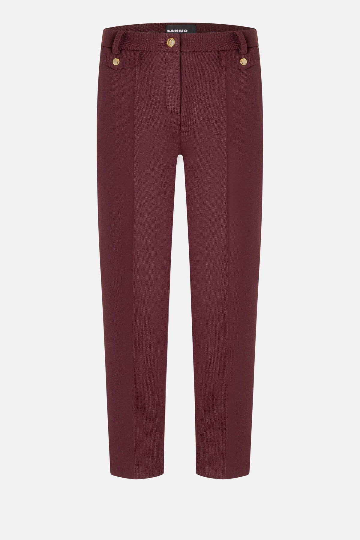 Bordeauxfarbene Karottenhose aus 62% Polyester, 26% Viskose, 9% Wolle, 3% Elasthan mit goldenen Knöpfen.