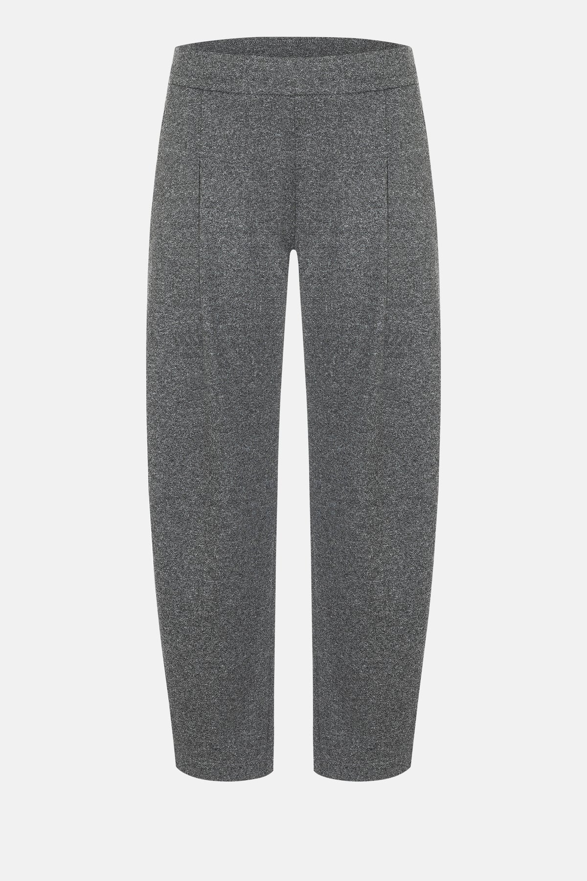 Graue O-Shape Hose aus Flanell-Jersey mit elastischem Bund, seitlichen Eingrifftaschen und Gesäßtasche, verkürzt geschnitten.