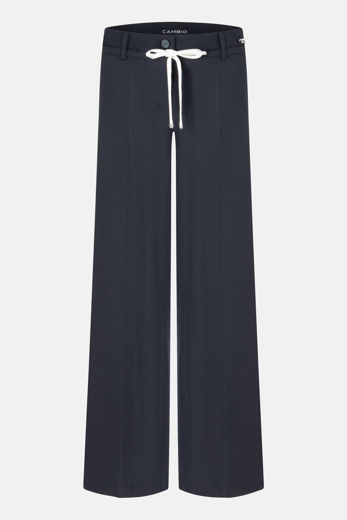 Weite Damenhose in Navy, Typ Wide-Leg, aus 67% Polyester, 4% Elasthan und 29% Viskose mit Schnürung am Bund.