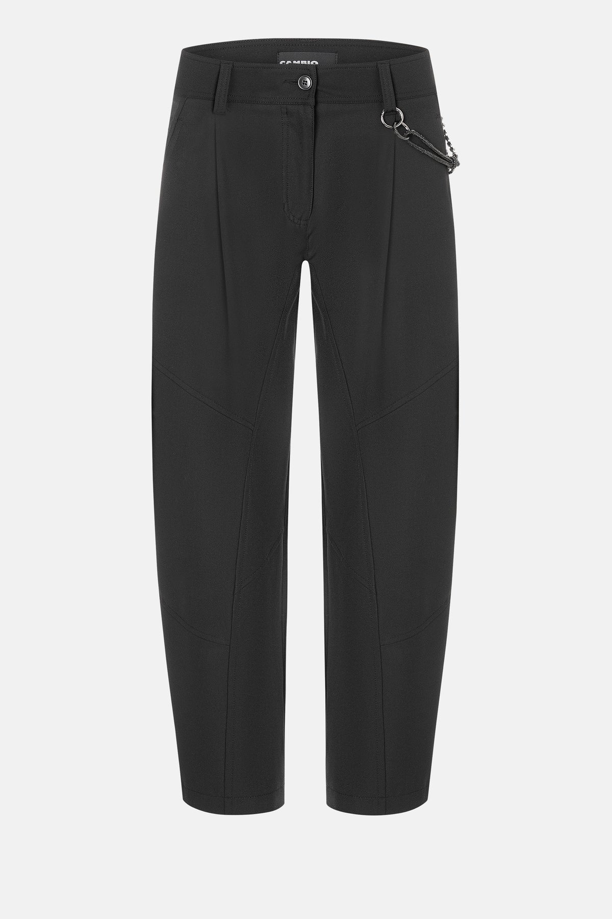 Schwarze O-Shape Hose aus 67% Polyester, 29% Viskose, 4% Elasthan, mit abnehmbarer Charivari-Kette an der Seite.