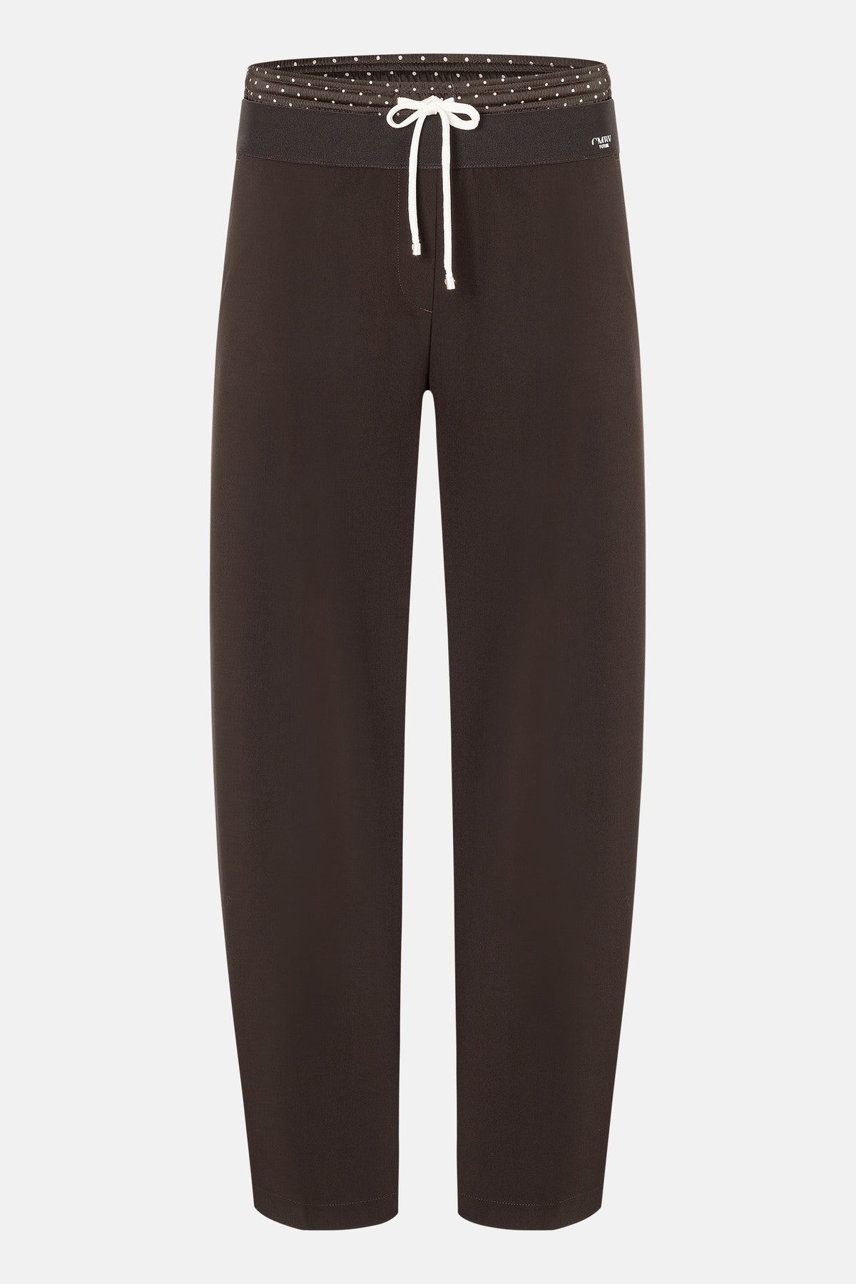 Dunkelbraune O-Shape Jogginghose mit weißen Punkten am Bund, elastischem Tunnelzug und aus Polyester/Viskose/Elasthan-Mix.