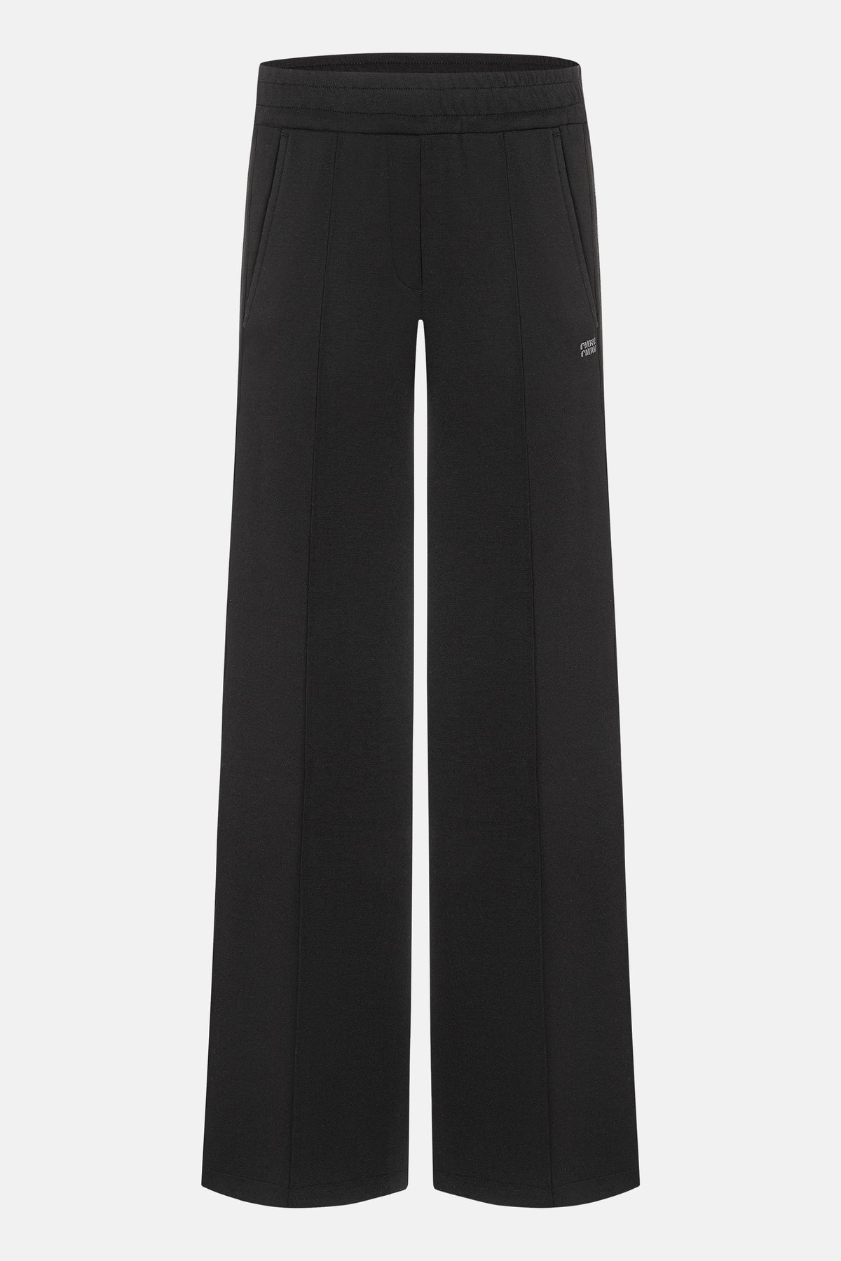 Schwarze Wide Leg Hose aus 47% Polyamid, 44% Viskose, 9% Elasthan. Elastischer Bund, seitlicher Reißverschluss, seitliche Galons.