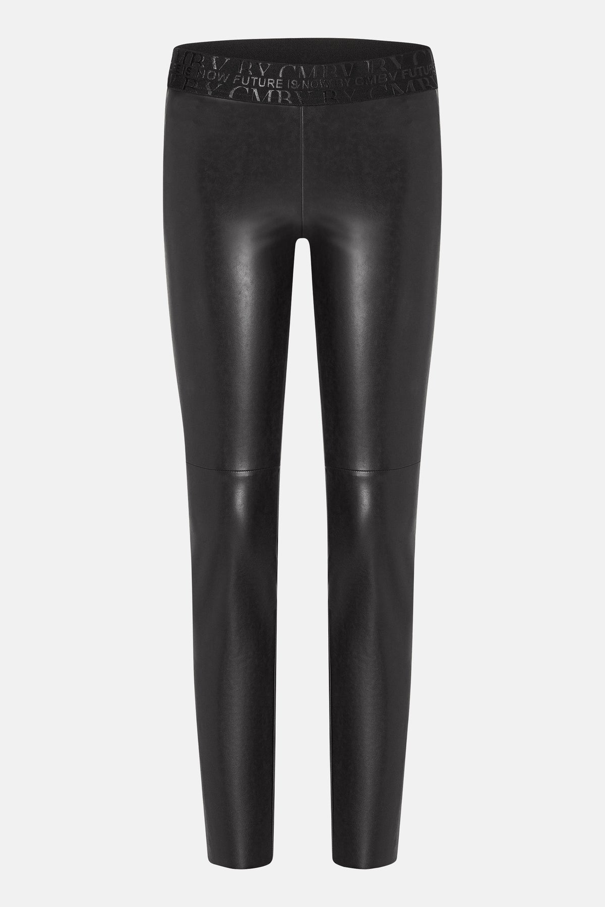 Schwarze Skinny-Fit Hose aus veganem Nappa mit elastischem Bund, glatter Oberfläche und dezentem mattem Glanz.