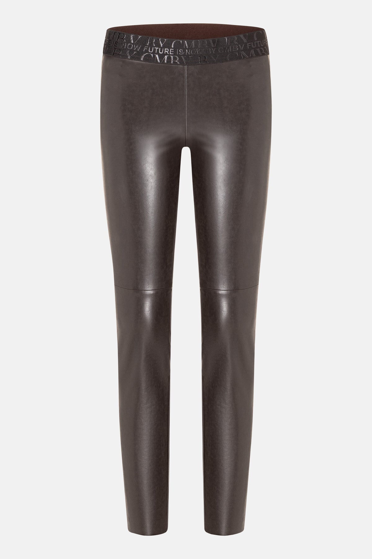 Dunkelbraune Skinny-Fit Hose in Leder-Optik aus veganem Nappa, mit elastischem Wordingbund, aus Polyamid und Polyurethan.