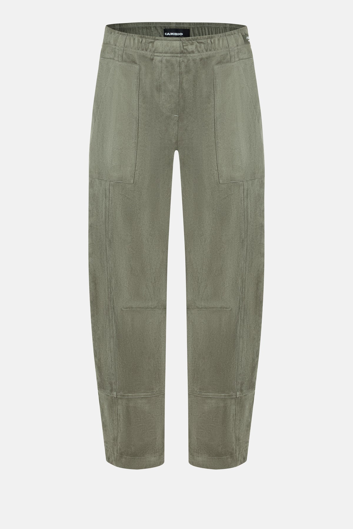 Grüne O-Shape Hose aus veganem Velours, 92% Polyester, 8% Elasthan, mit elastischem Bund und großen Fronttaschen.