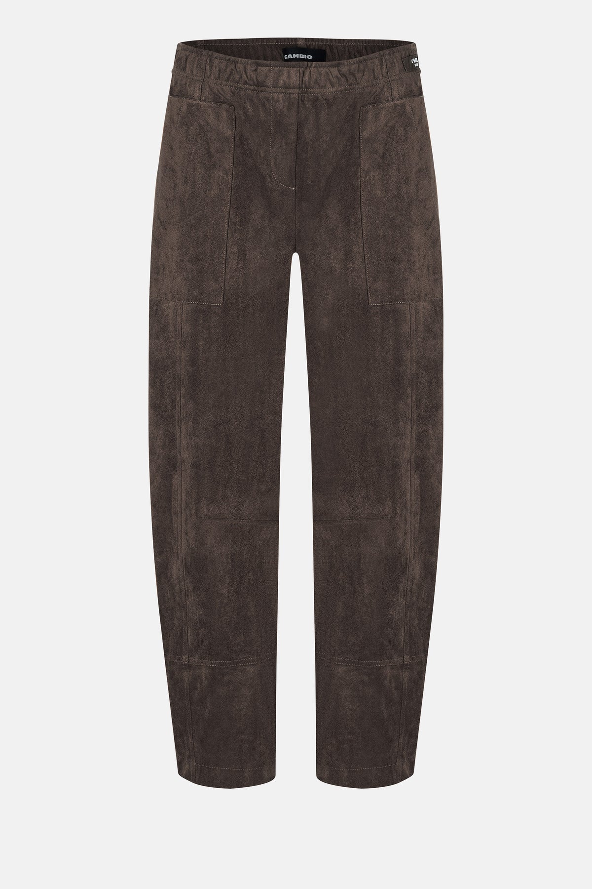 Dunkelbraune Velours-Hose mit O-Shape, verkürztem Schnitt und elastischem Bund, aus 92% Polyester, 8% Elasthan.