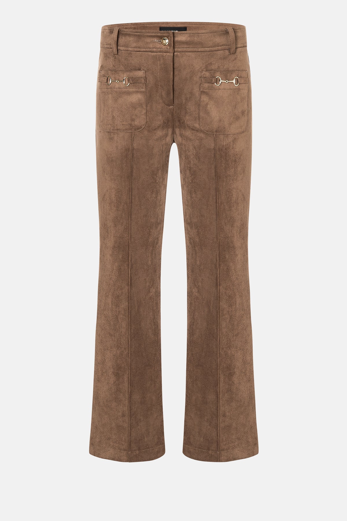 Braune Flared-Hose aus veganem Veloursleder, mit aufgesetzten Nähten und dekorativen Vordertaschen, bestehend aus 92% Polyester, 8% Elasthan.