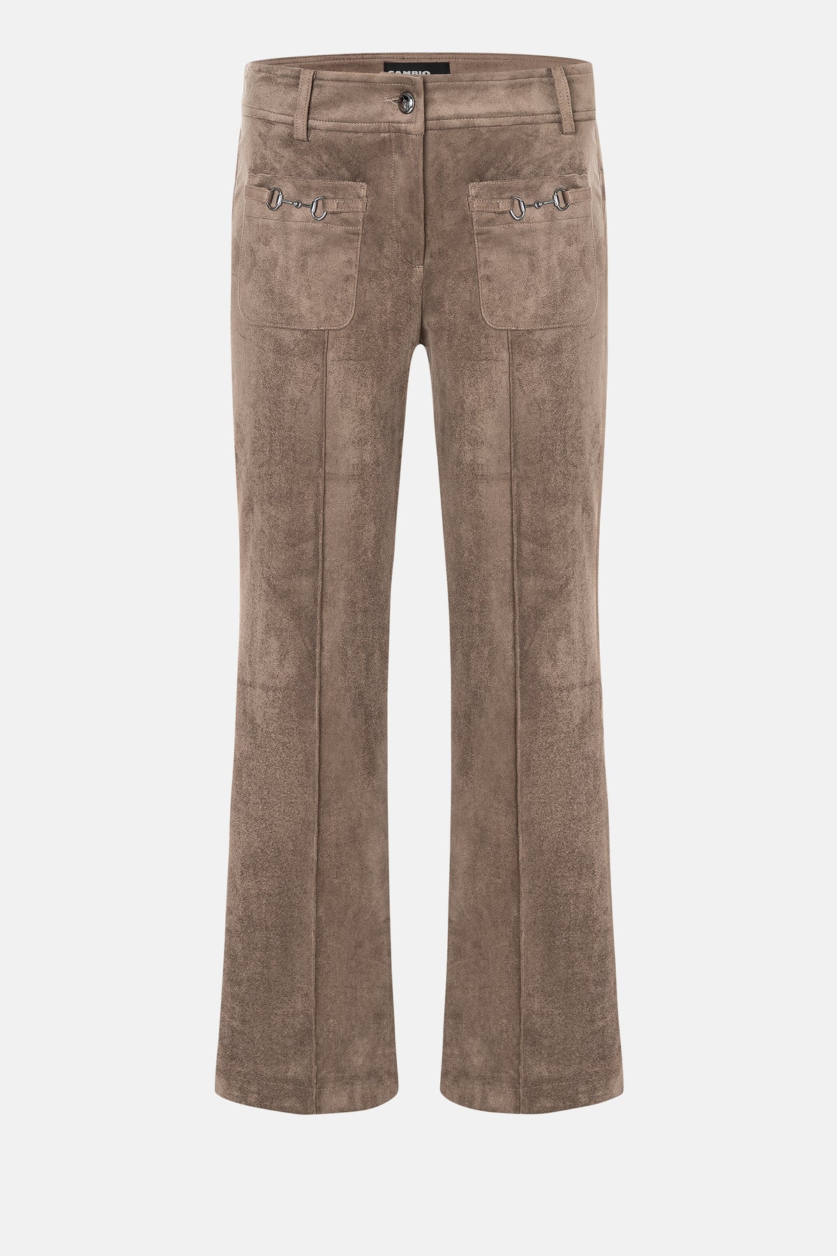 Flared Hose in Greige aus veganem Veloursleder mit dekorativen Vordertaschen und aufgesetzten Nähten, aus 92% Polyester, 8% Elasthan.