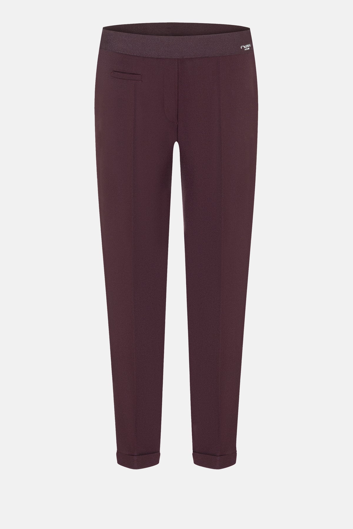 Bordeauxfarbene Karottenhose mit elastischem Bund, aus 63 % Polyester, 27 % Viskose, 7 % Baumwolle, 3 % Elasthan.