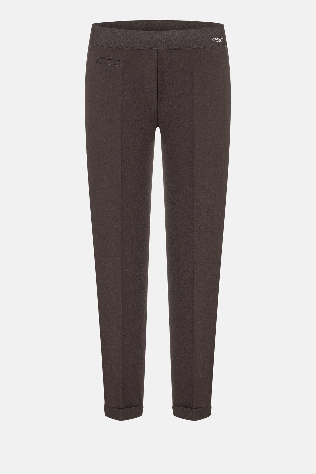 Dunkelbraune Karottenhose aus 63% Polyester, 27% Viskose, 7% Baumwolle, 3% Elasthan mit seitlichen Eingrifftaschen.