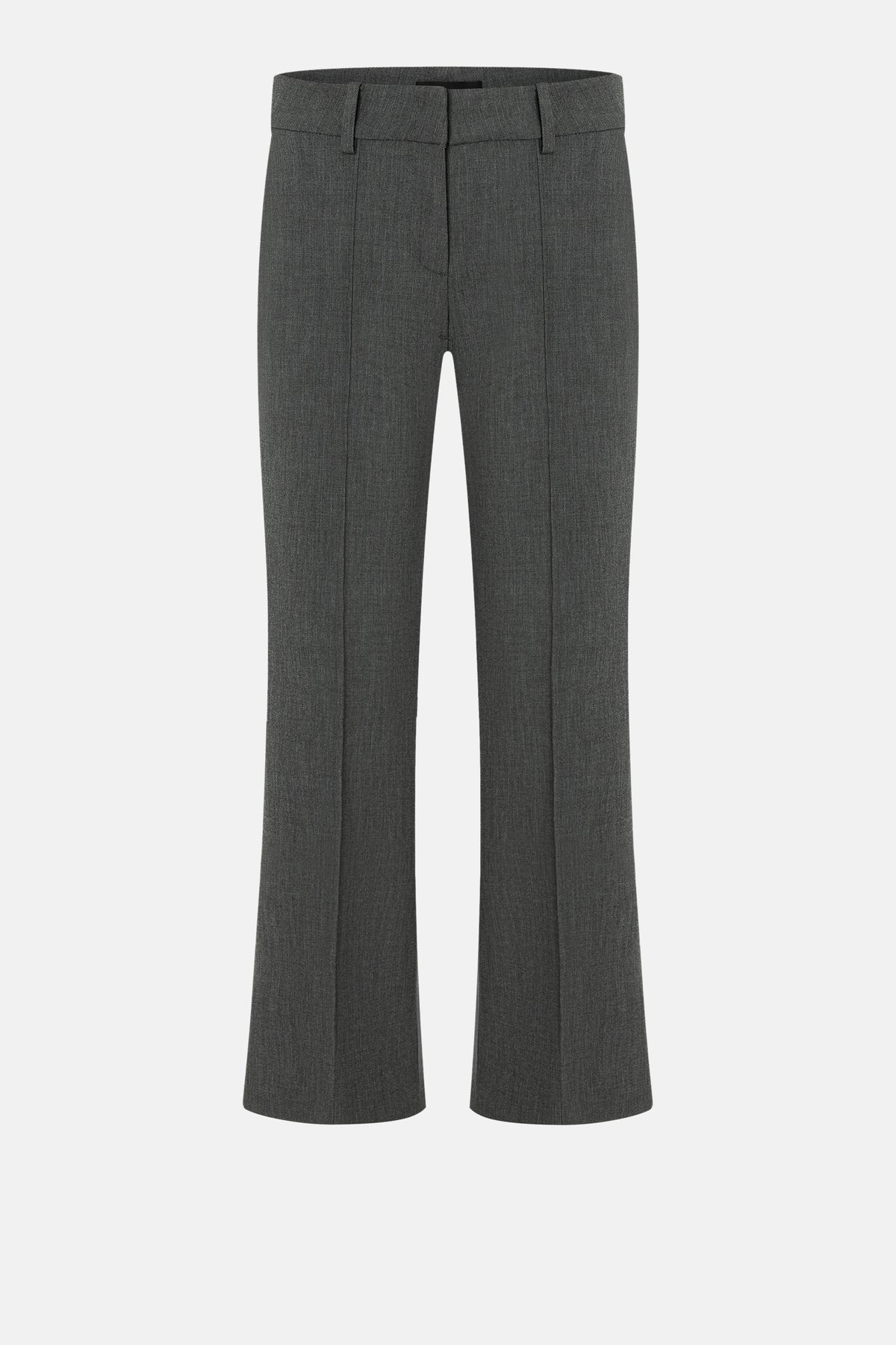 Dunkelgraue, flared cropped Hose aus 63% Polyester, 27% Viskose, 7% Baumwolle und 3% Elasthan.