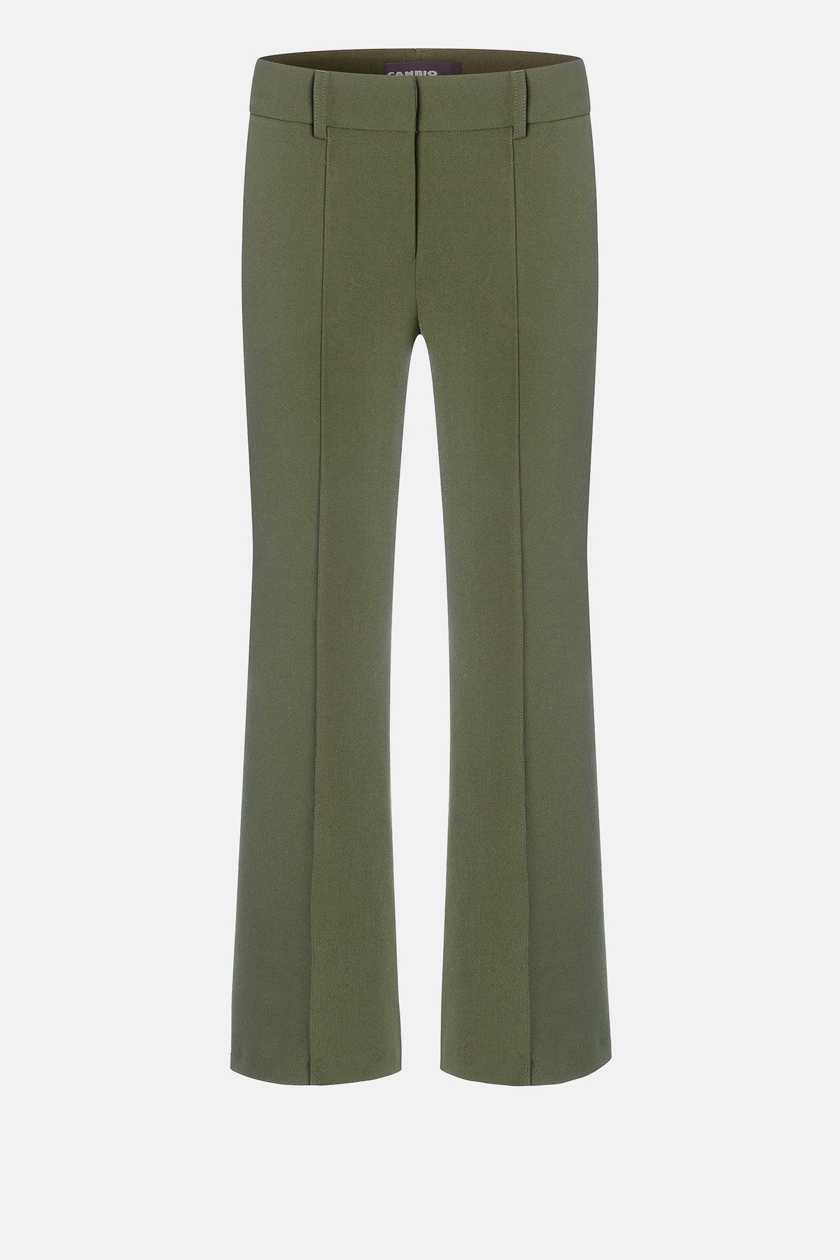 Grüne Flared Hose aus 63% Polyester, 27% Viskose, 7% Baumwolle und 3% Elasthan. Aufgenähte Biese und seitliche Taschen.