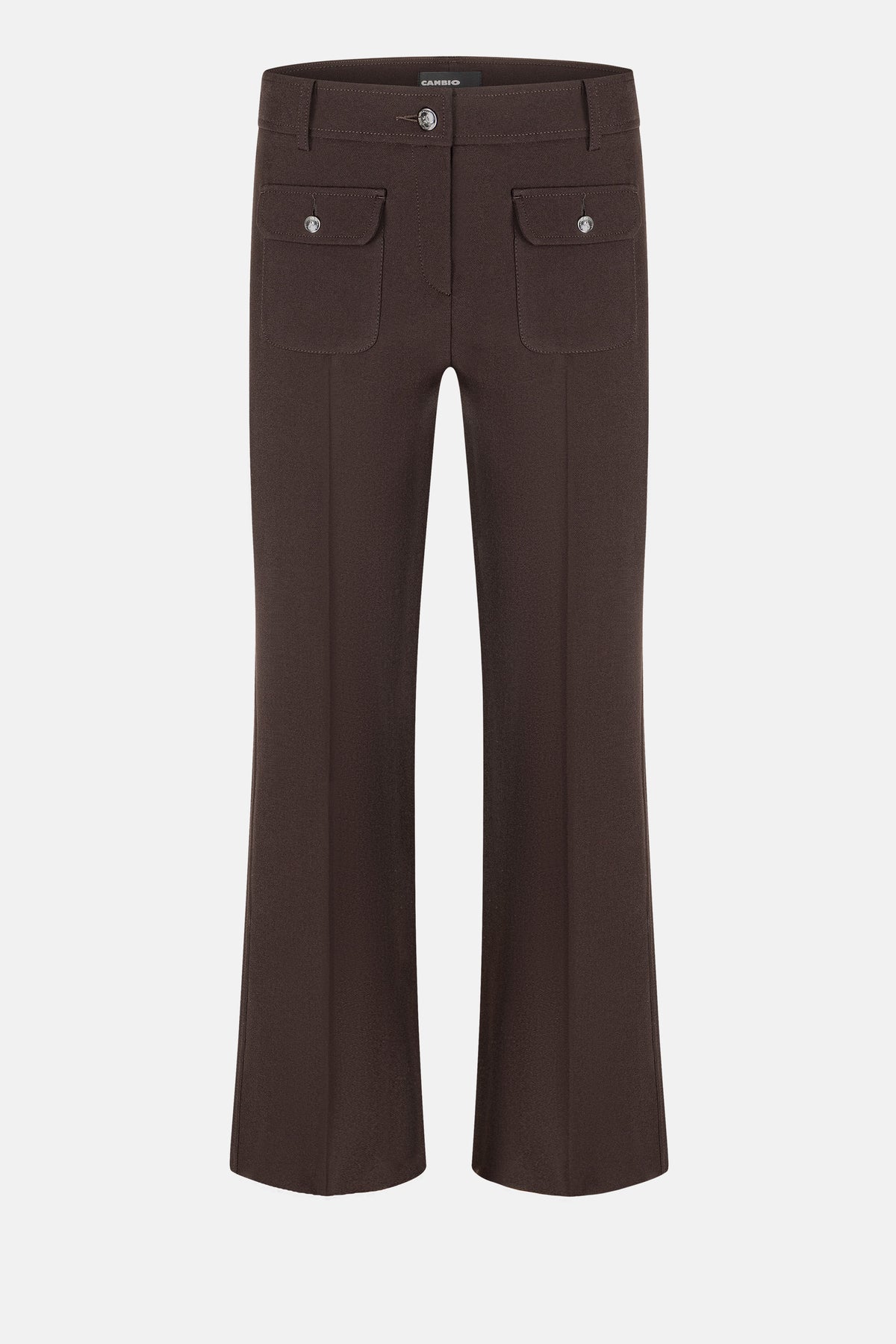 Dunkelbraune Flared-Hose aus 7% Baumwolle, 63% Polyester, 3% Elasthan und 27% Viskose mit aufgenähten Fronttaschen.