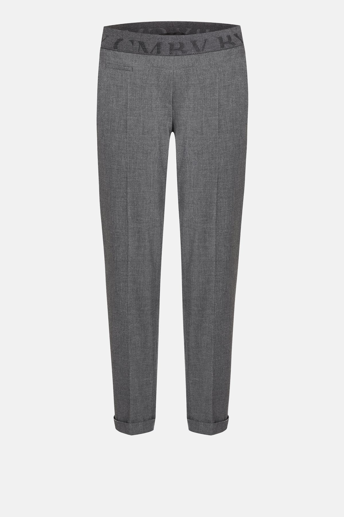 Graue Carrot-Fit Hose aus 67% Polyester, 29% Viskose, 4% Elasthan mit elastischem Bund und Umschlag am Saum.