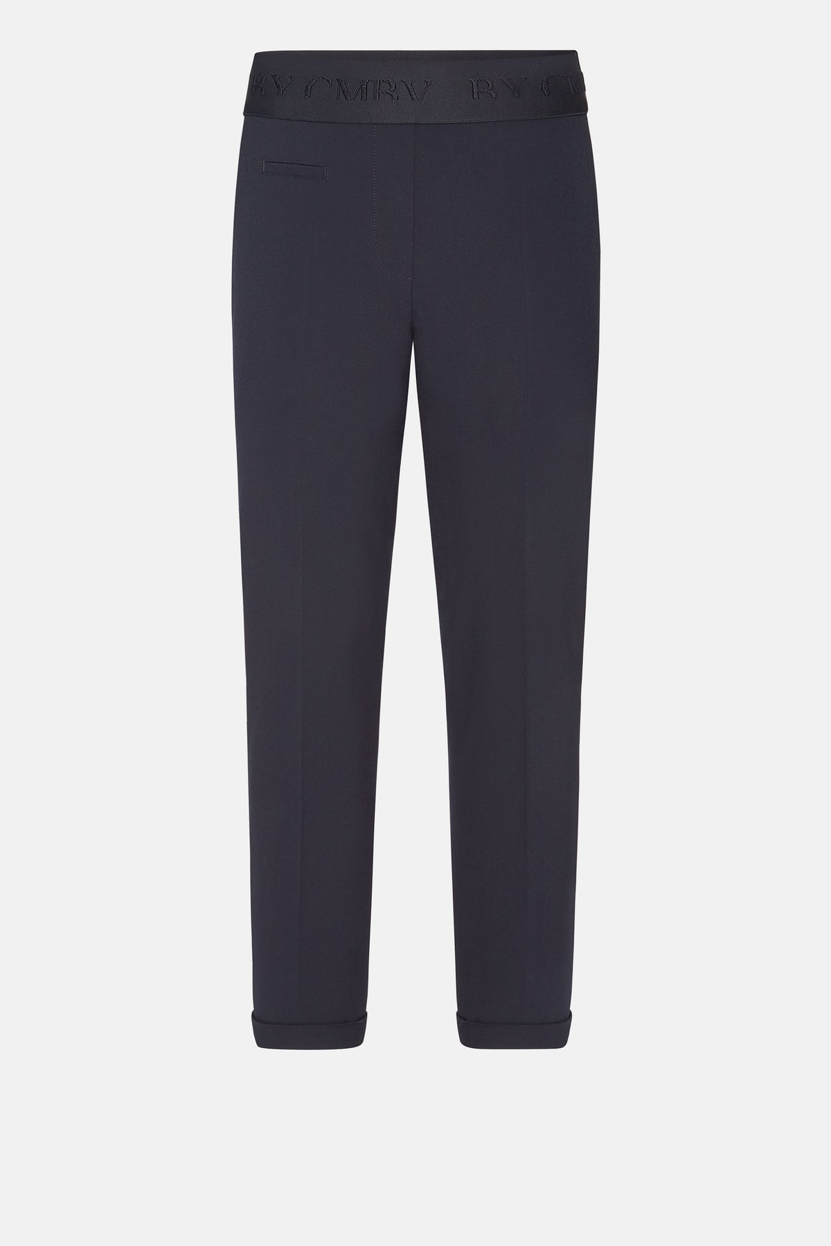 Dunkelblaue Cropped-Hose im Karottenstil aus 67% Polyester, 29% Viskose, 4% Elasthan mit elastischem Bund.