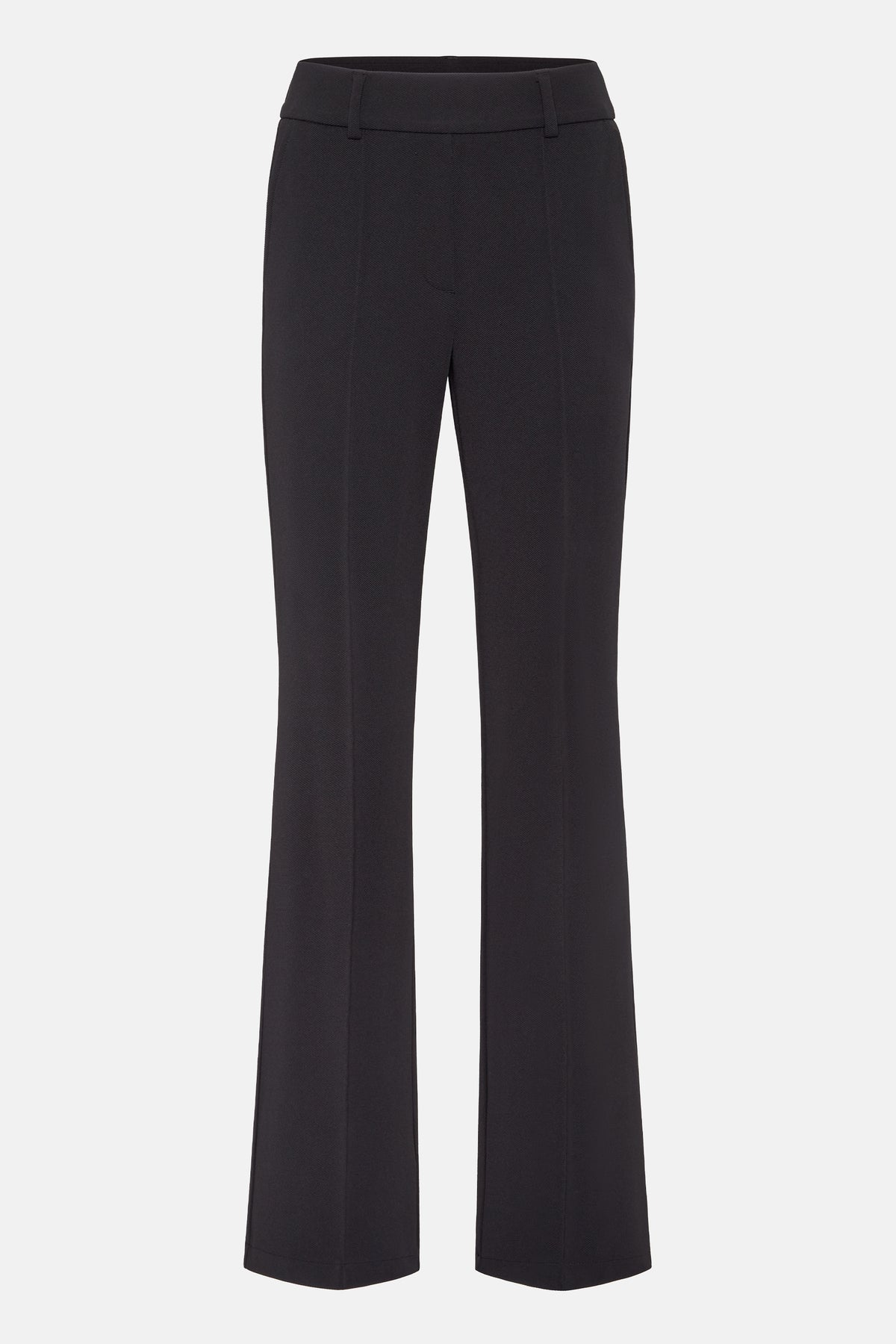 Schwarze Flared-Hose aus 95% Polyamid und 5% Elasthan, in voller Länge mit diagonaler Techno-Stretch-Struktur.