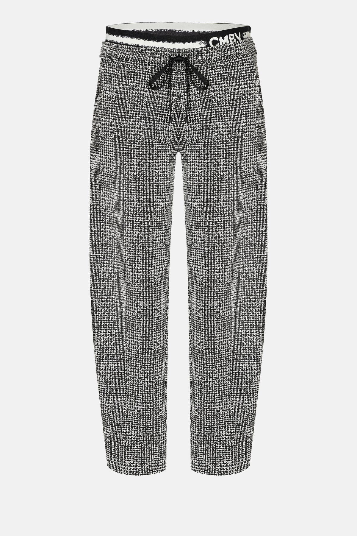 Schwarz-weiße O-Shape Hose aus 52% Viskose, 44% Polyamid, 4% Elasthan, mit elastischem Bund und feiner Schnürung.