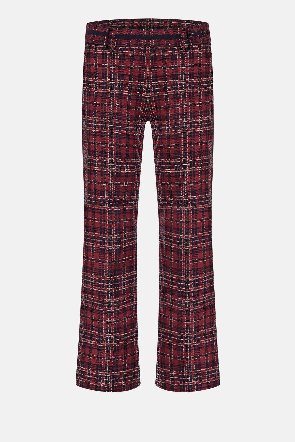 Bordeauxfarbene, karierte Flared Hose aus 57% Viskose, 39% Polyamid und 4% Elasthan im Tartan-Muster.