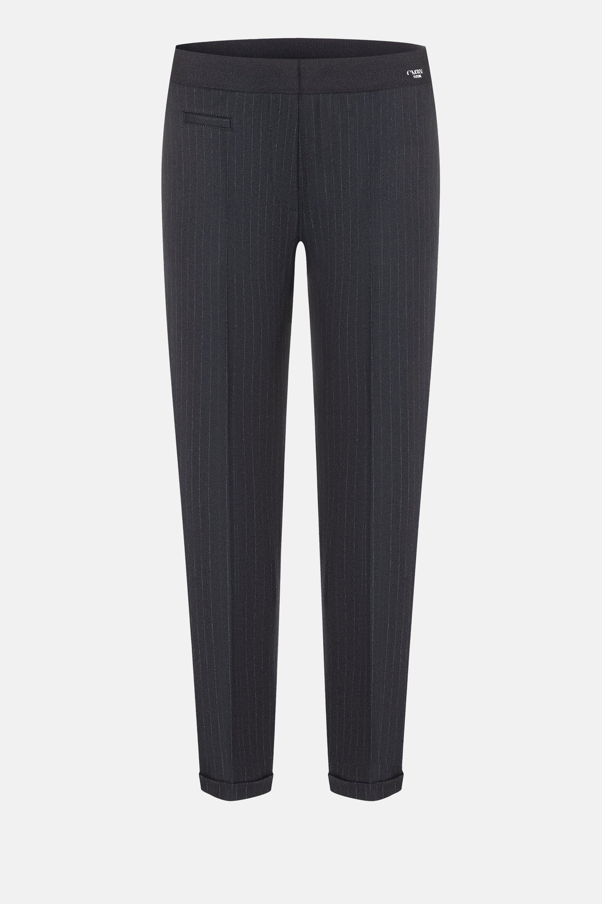 Dunkelblaue Karottenhose mit Nadelstreifen, aus Polyester, Viskose, Wolle und Elasthan. Elegantes Design mit kleinem CMB-Logo.