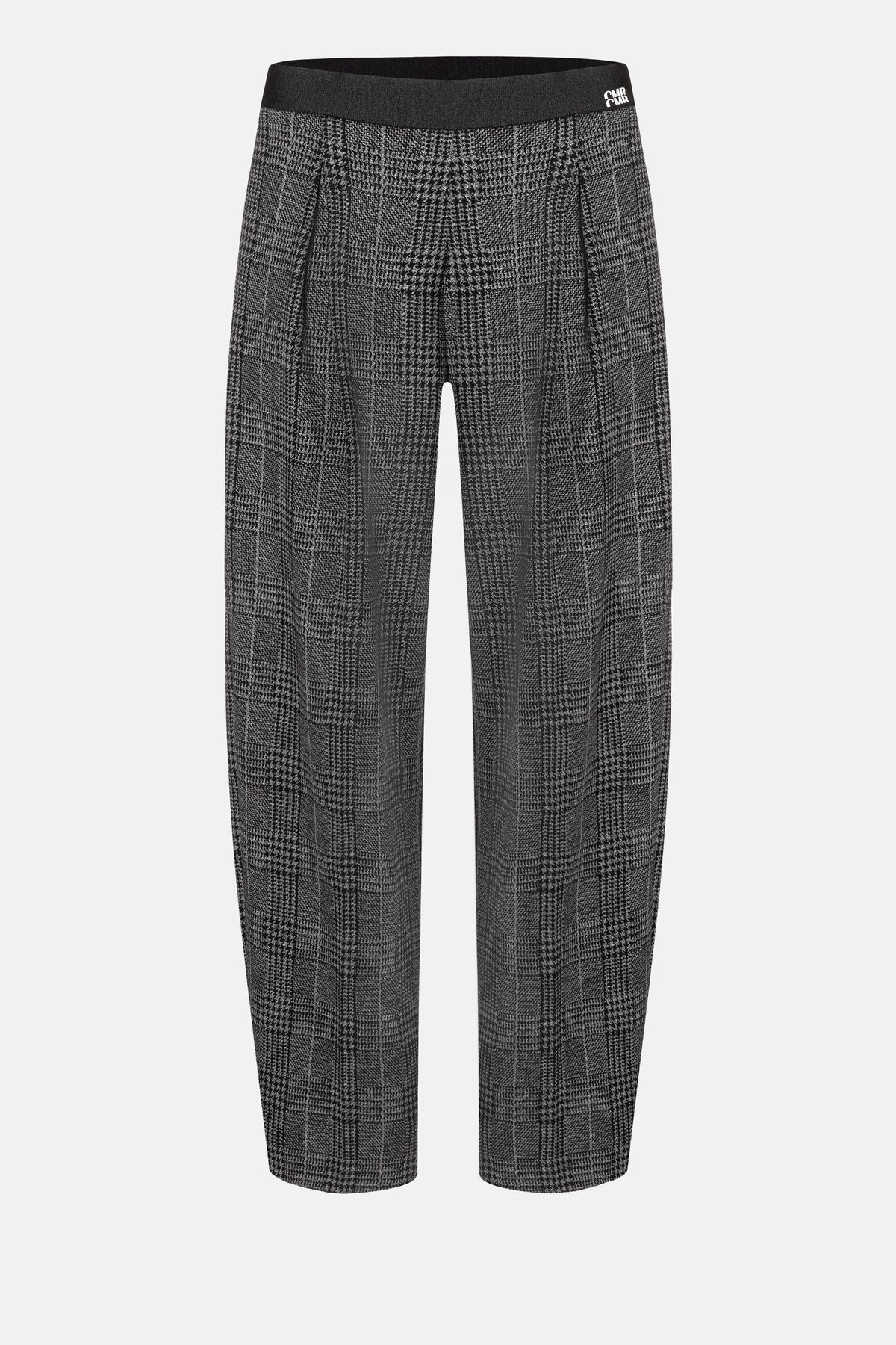 Graue O-Shape Hose aus Brushed Glencheck Jersey, bestehend aus 38% Baumwolle, 36% Viskose, 23% Polyester, 3% Elasthan.