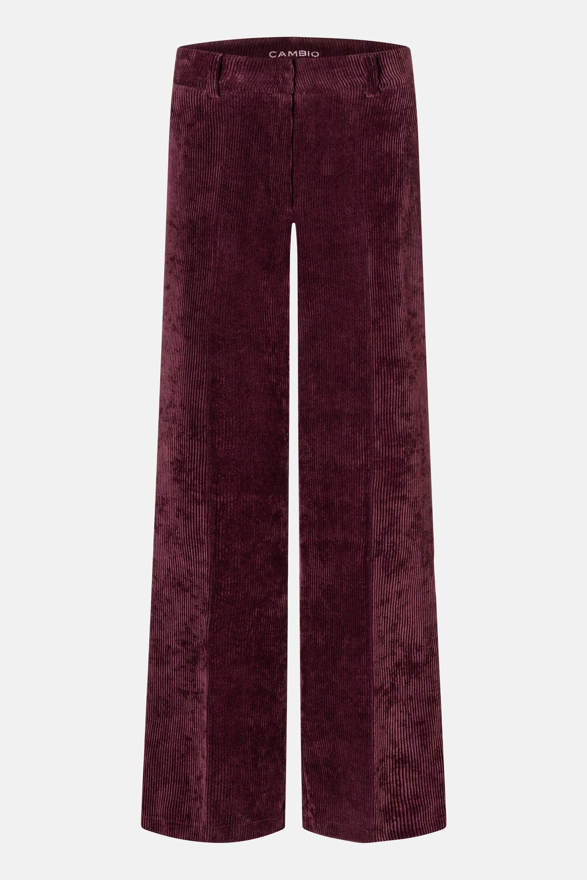 Bordeauxfarbene Cordhose mit weitem Bein, gefertigt aus 90% Polyester, 8% Polyamid und 2% Elasthan.