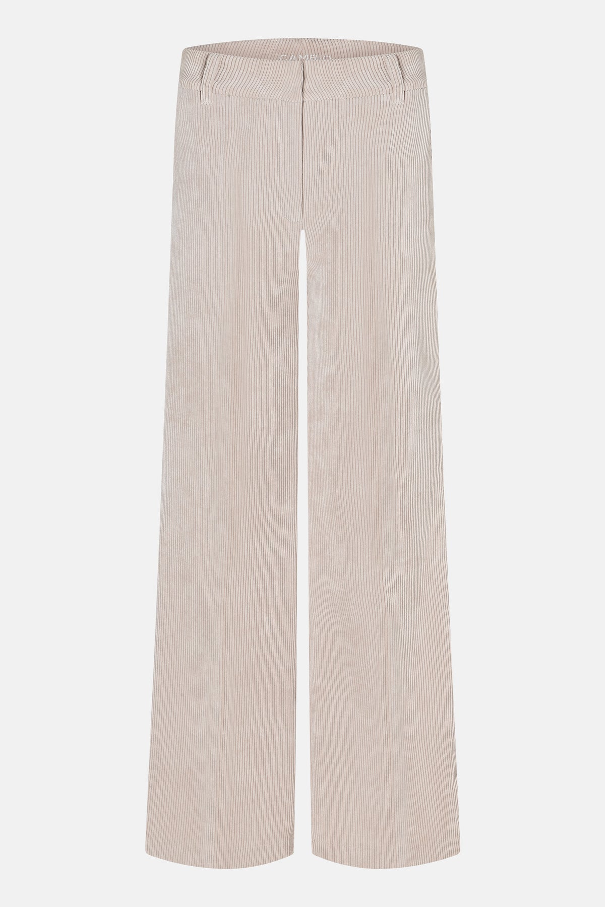 Cremefarbene Cordhose mit weitem Bein, Material aus 90% Polyester, 8% Polyamid, 2% Elasthan.
