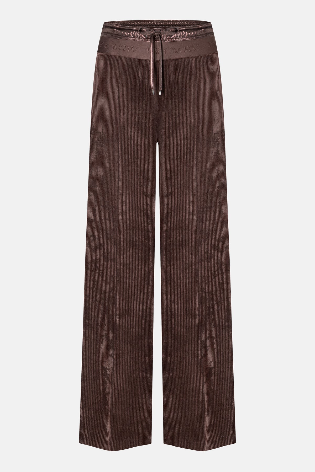 Dunkelbraune Wide Leg Hose aus Breit-Cord mit Doppelbund und Schnürung, Material aus 90% Polyester, 8% Polyamid, 2% Elasthan.