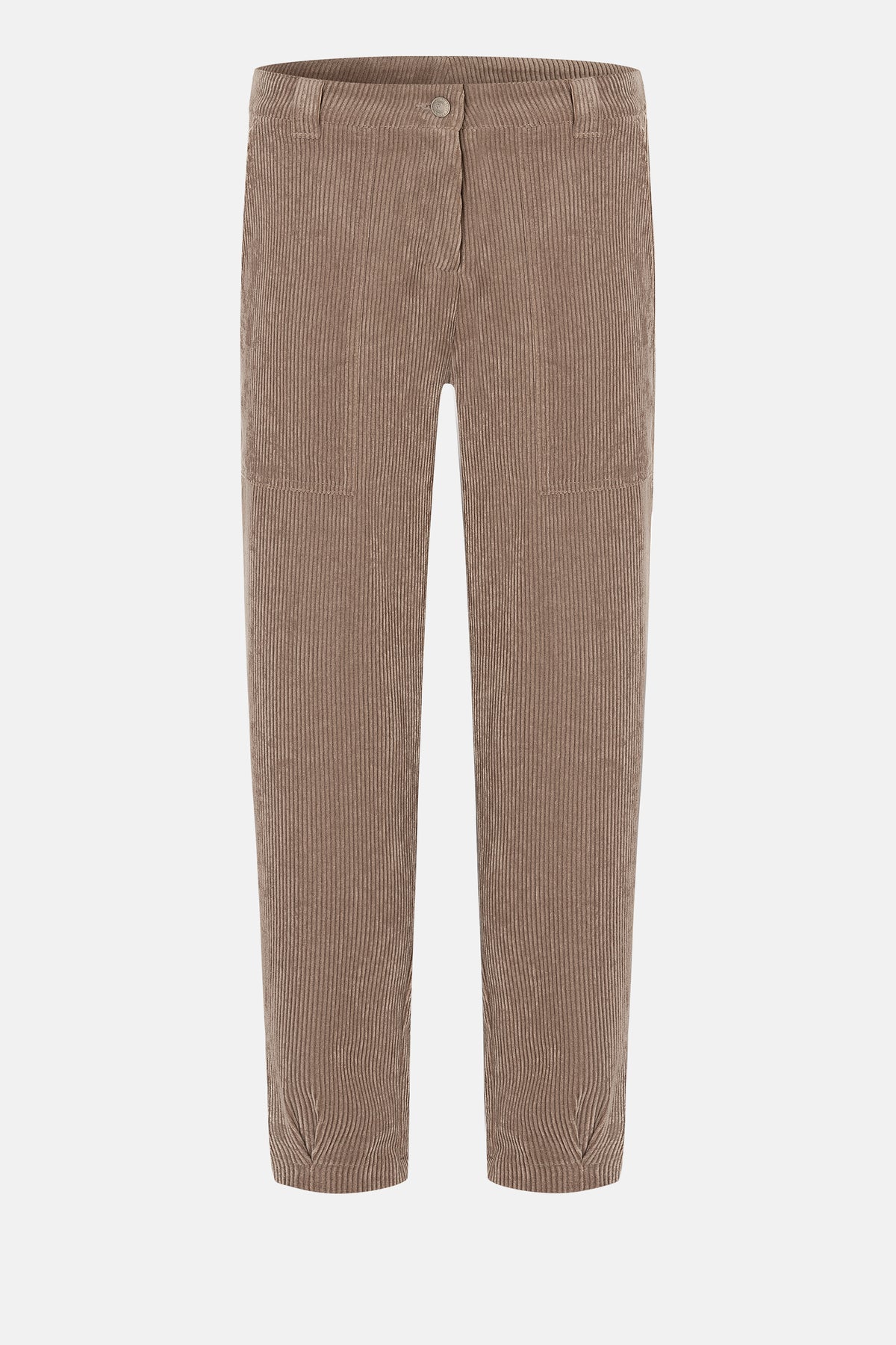 Braune Cordhose in Karotten-Silhouette, aus 90% Polyester, 8% Polyamid, 2% Elasthan, mit schmal zulaufendem Bein.